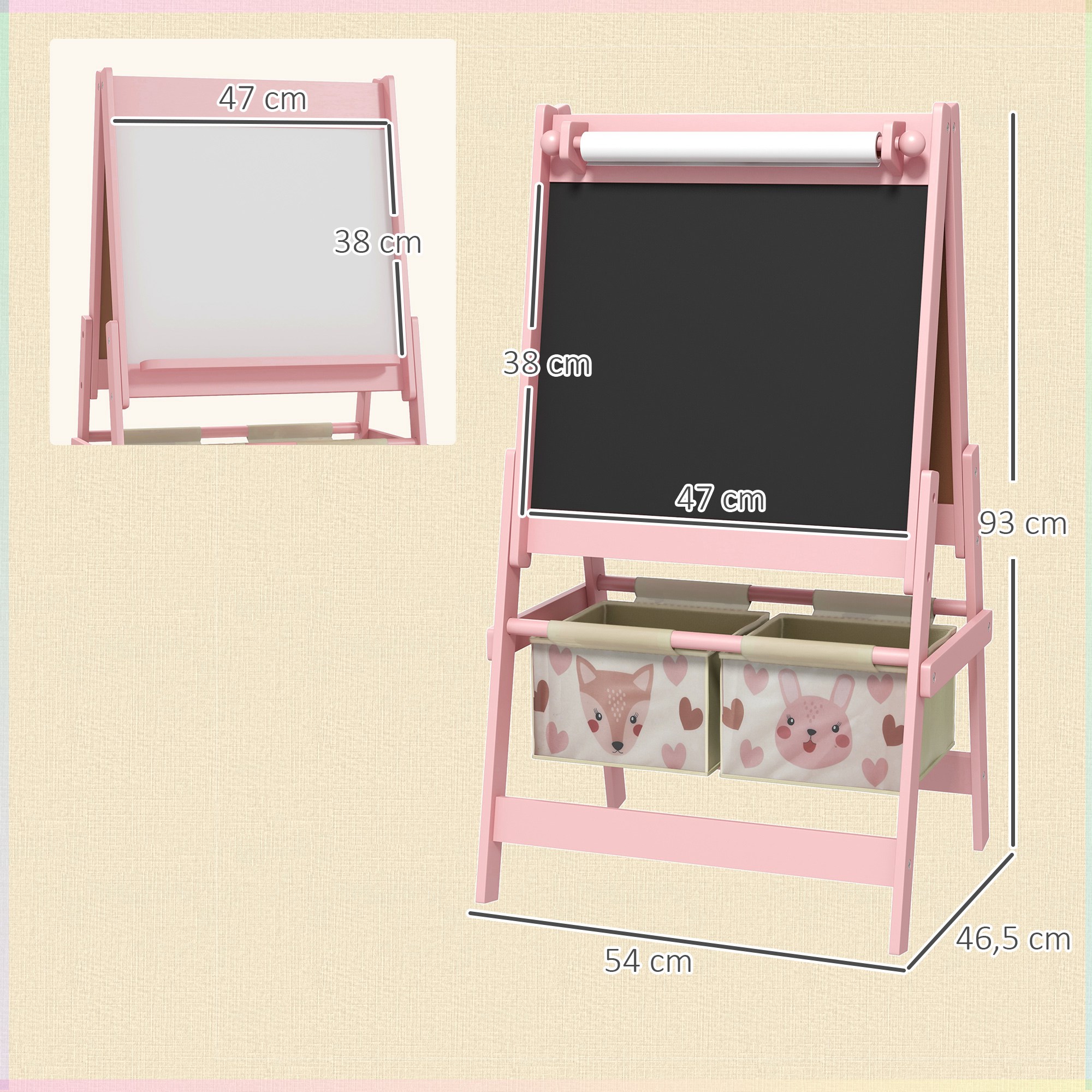 3-in-1 Kinder Staffelei mit Papierrolle, Kreidetafel, Whiteboard, Aufbewahrungskörbe, 54 x 46,5 x 93 cm, rosa