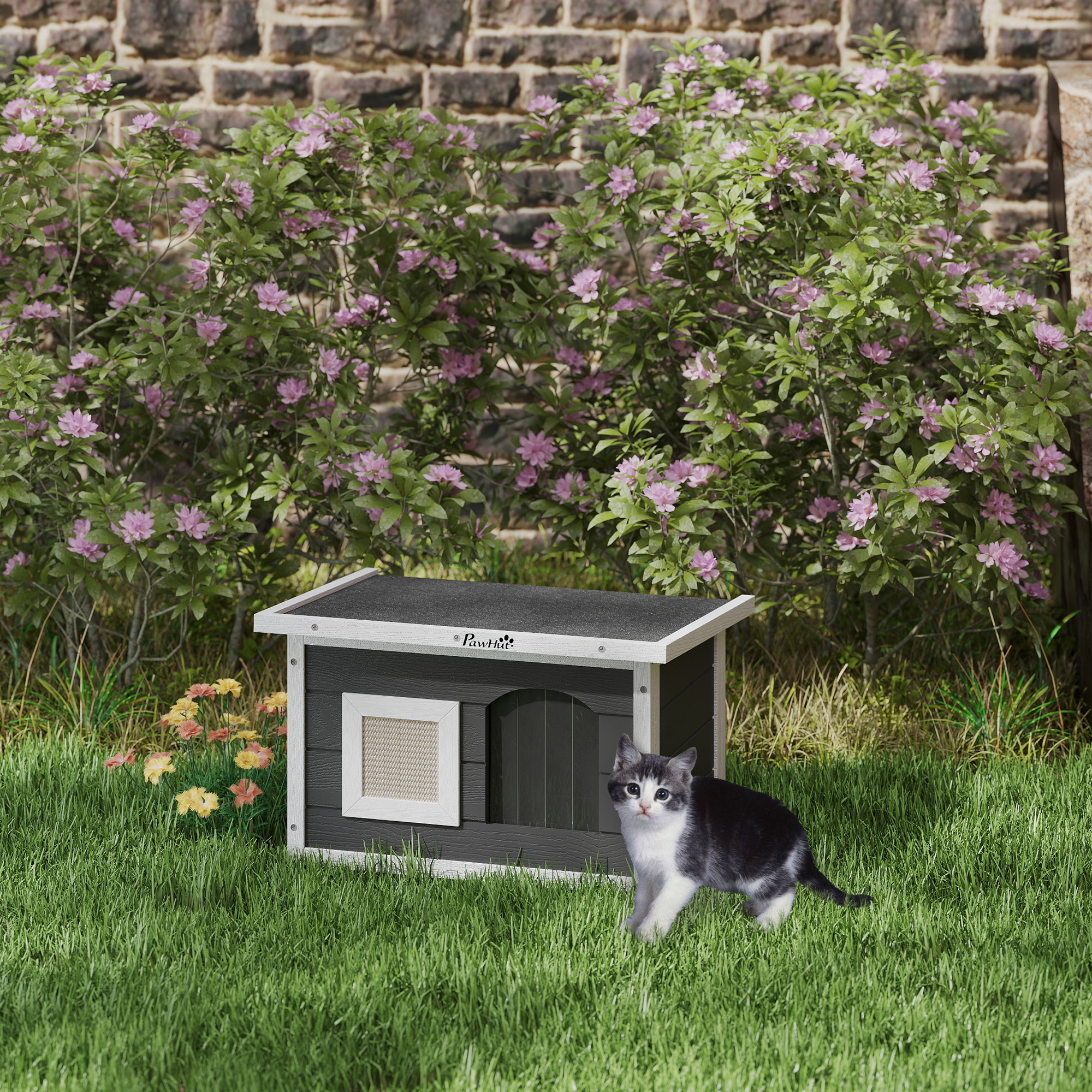 Katzenhaus, Rückzugsort für Katzen und Kaninchen, Holzhaus mit Kratzmatte, Türklappe, 61 x 45 x 36,5 cm, Grau