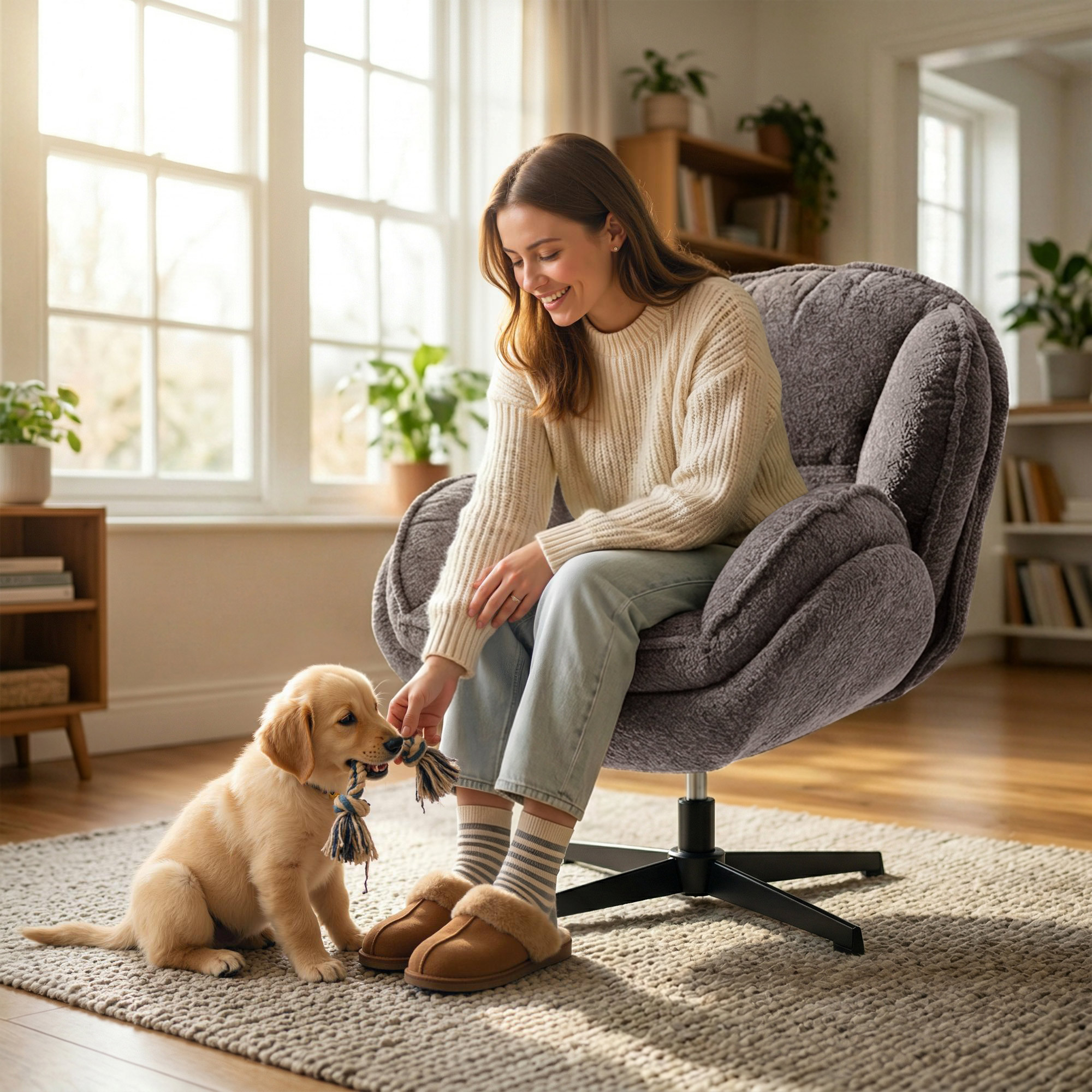 moderner Wingback-Sessel, Samt-Armlehnsessel mit Vier-Sterne-Basis, S-Federn, 360° Drehfunktion, Grau