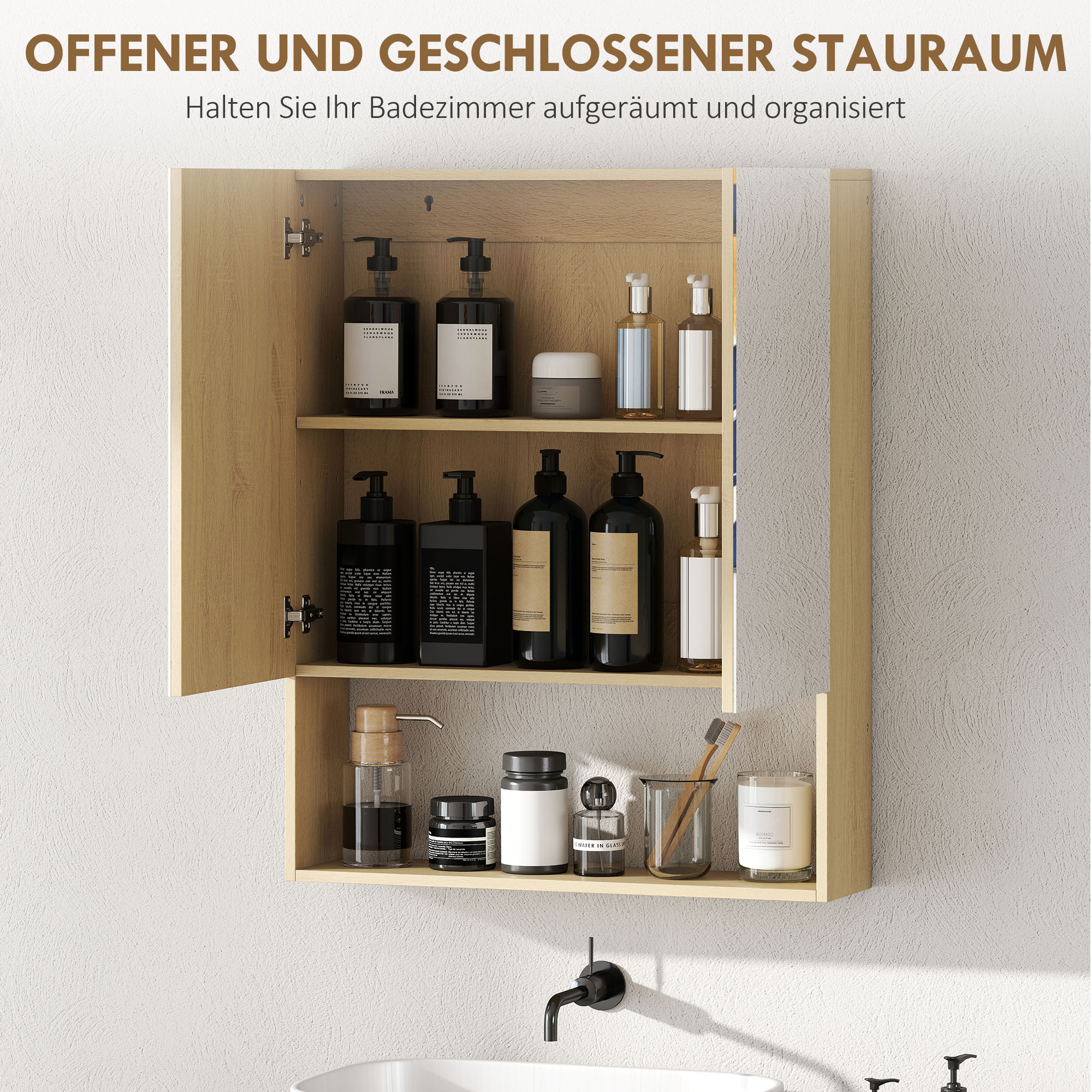 Badezimmerschrank, Spiegeltüren, offenes Regal, Wandmontage, MDF, Spanplatte, Eiche