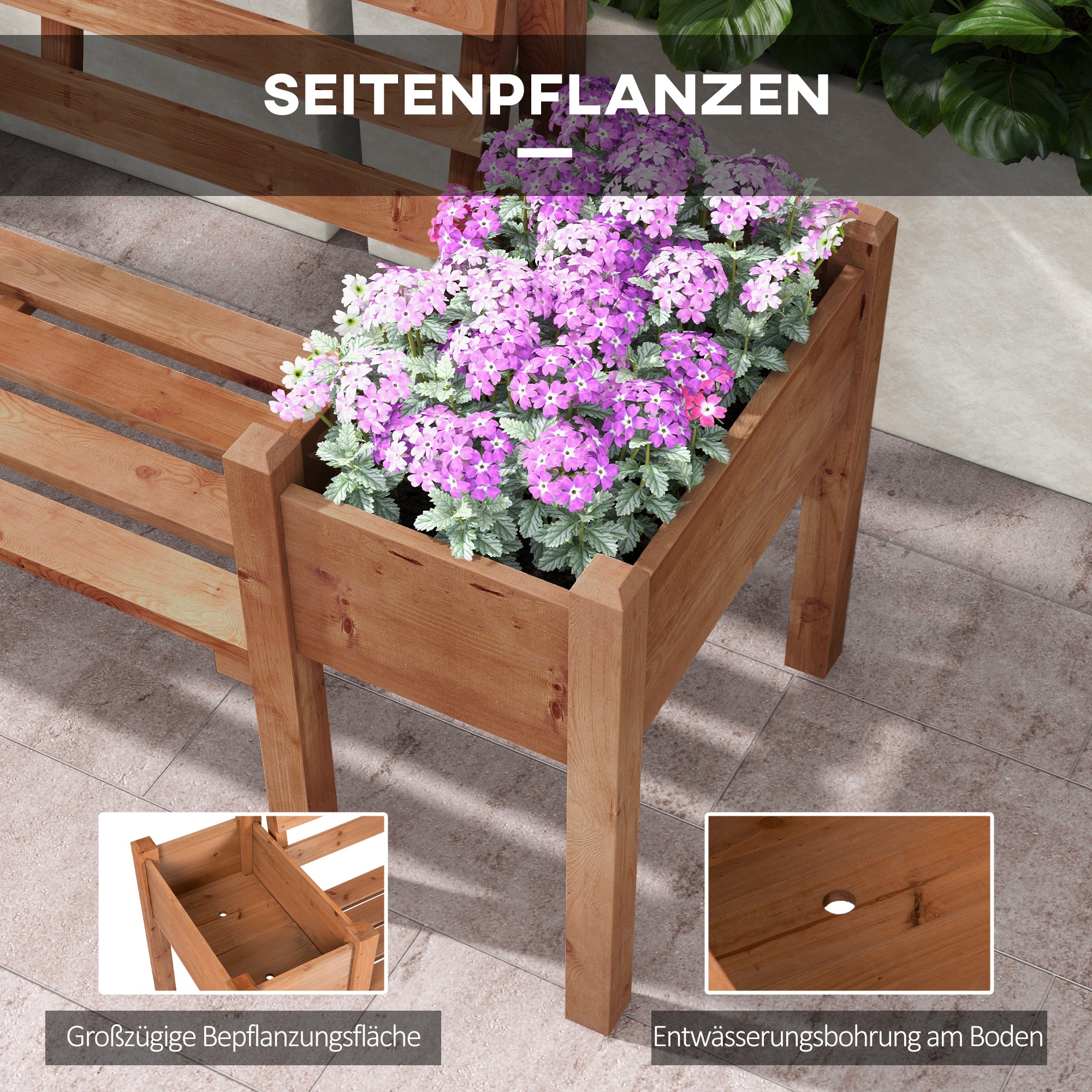 Gartenbank Sitzbank, inkl. Pflanzkästen, Holz, 184 cm x 59 cm x 95 cm, Braun