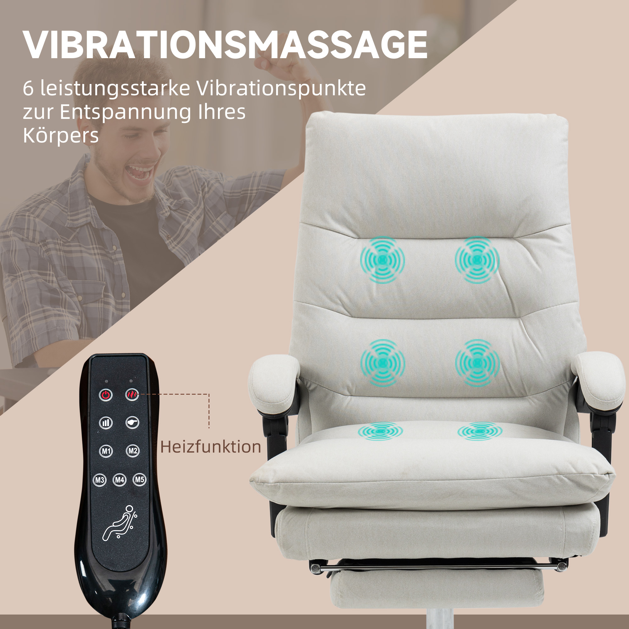 Bürostuhl mit Massagefunktion, beheizbar, neigbar, Kunstleder, 65x72x109-117cm, Cremeweiß