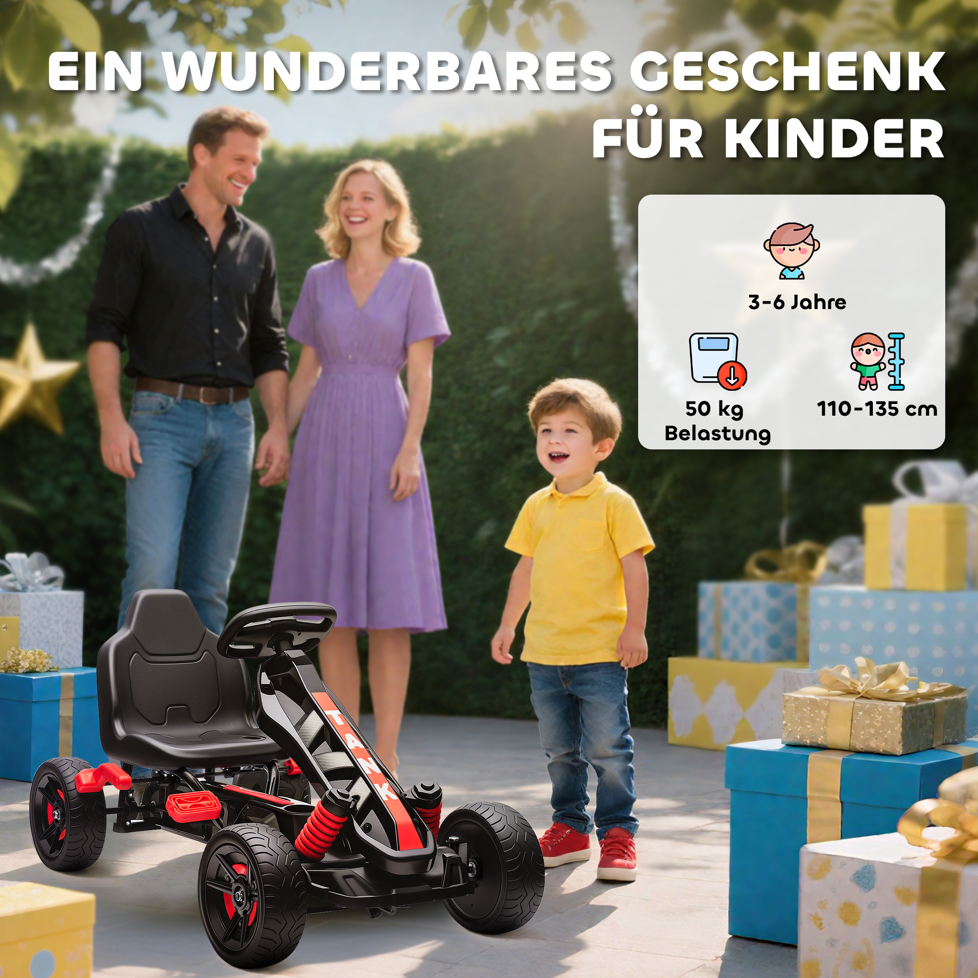 Gokart mit Pedalen, Tretauto für Kinder mit Bremse, rutschfeste Räder, Metallrahmen, 3-6 Jahre, Rot