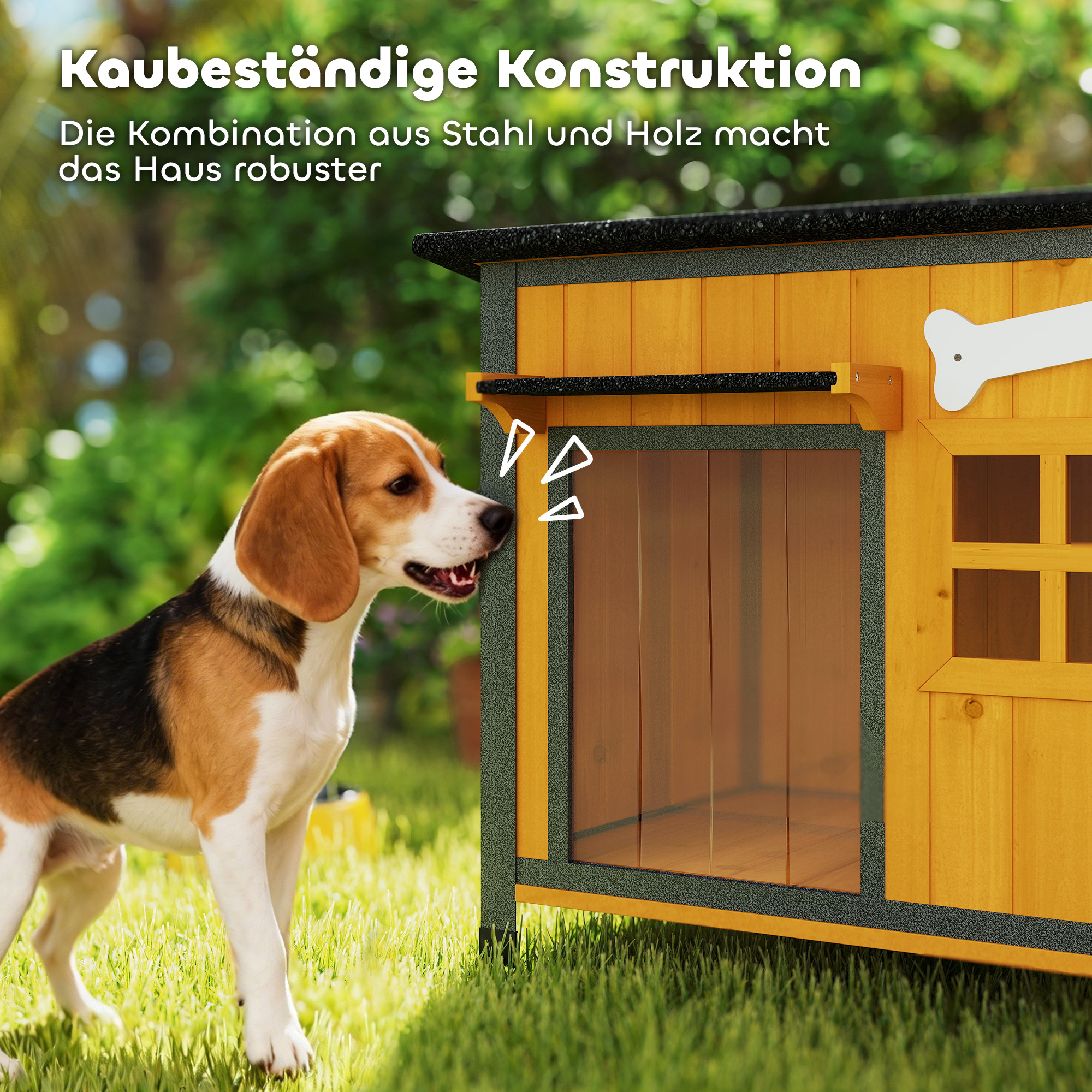 Hundehütte Holz Outdoor Hundehaus mit Asphalt-Dach zum Öffnen herausnehmbarem Boden Türvorhang Stahlrahmen 84,5x62x65cm