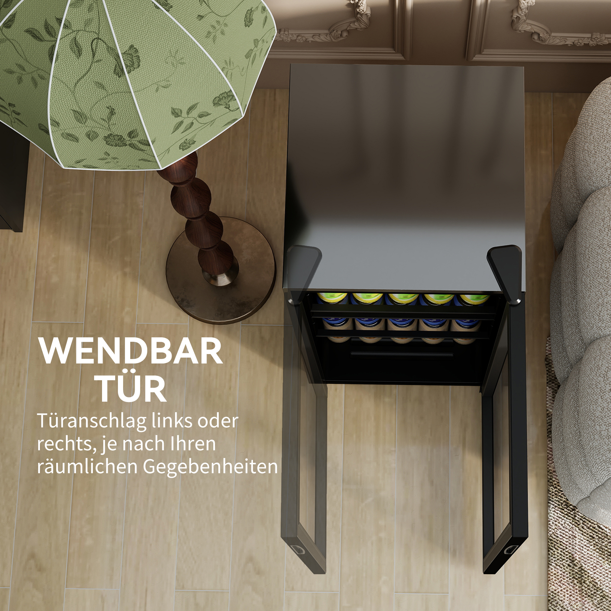 Mini Kühlschrank 93L Kühlbox mit Glastür, verstellbaren Regalen, LED, Temperaturregelung, 47,2 x 43,7 x 83,3 cm Schwarz