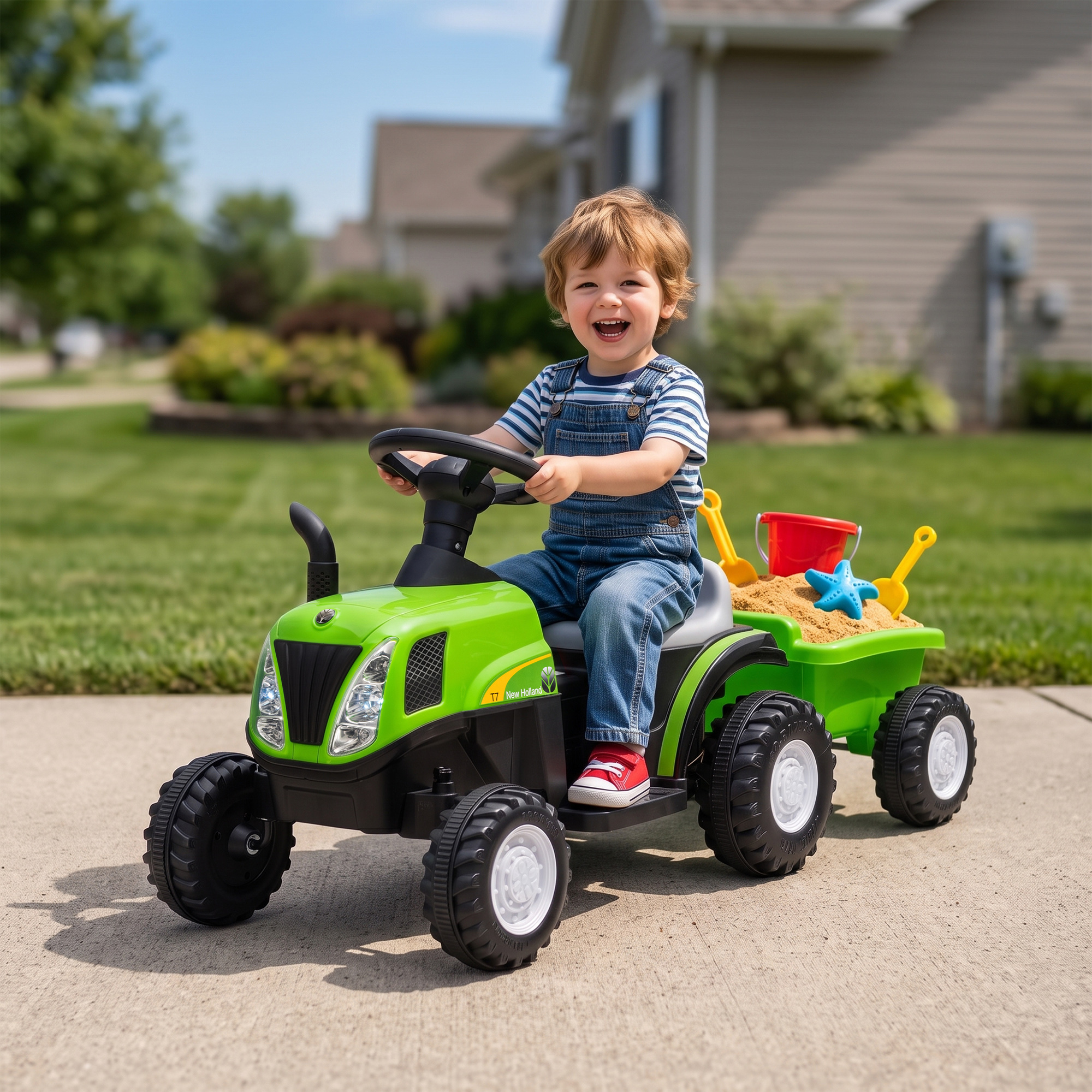 Kinder Traktor mit abnehmbar Anhänger Aufsitztraktor mit Lithium-Akku Fußpedal, Musik, Hupe Licht, Grün