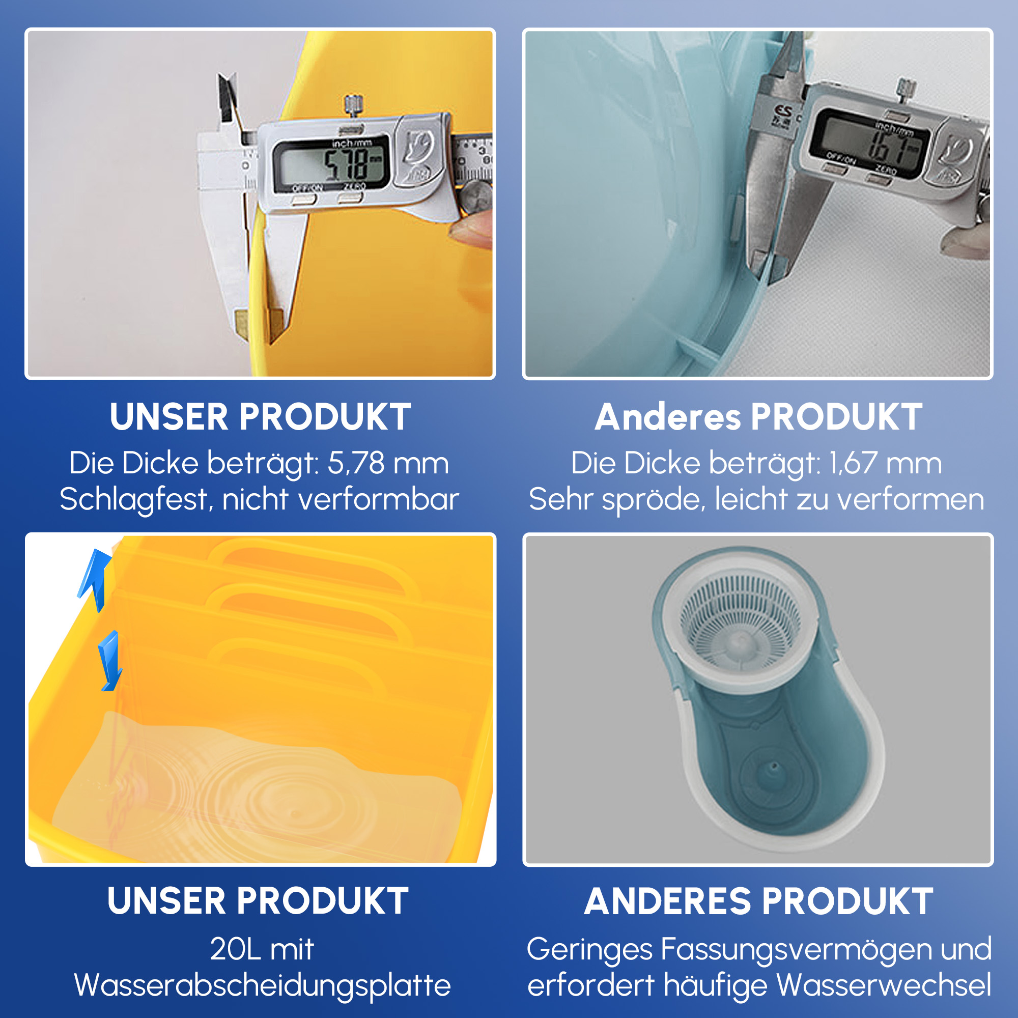 20l Mopp-Eimer mit Auswringer und Griff, Wischmopp-Eimer auf Rädern, Kunststoff, Gelb