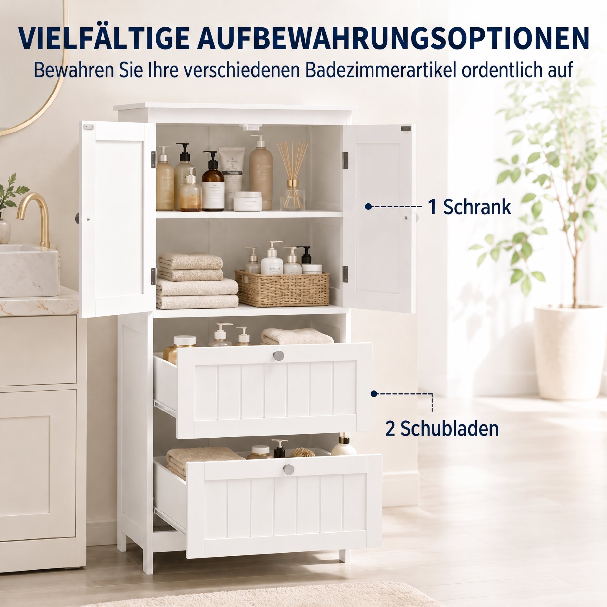 Badezimmerschrank mit 2 Schubladen, freistehend, mit verstellbarem Einlegeboden und Türen in Lamellenoptik, Weiß