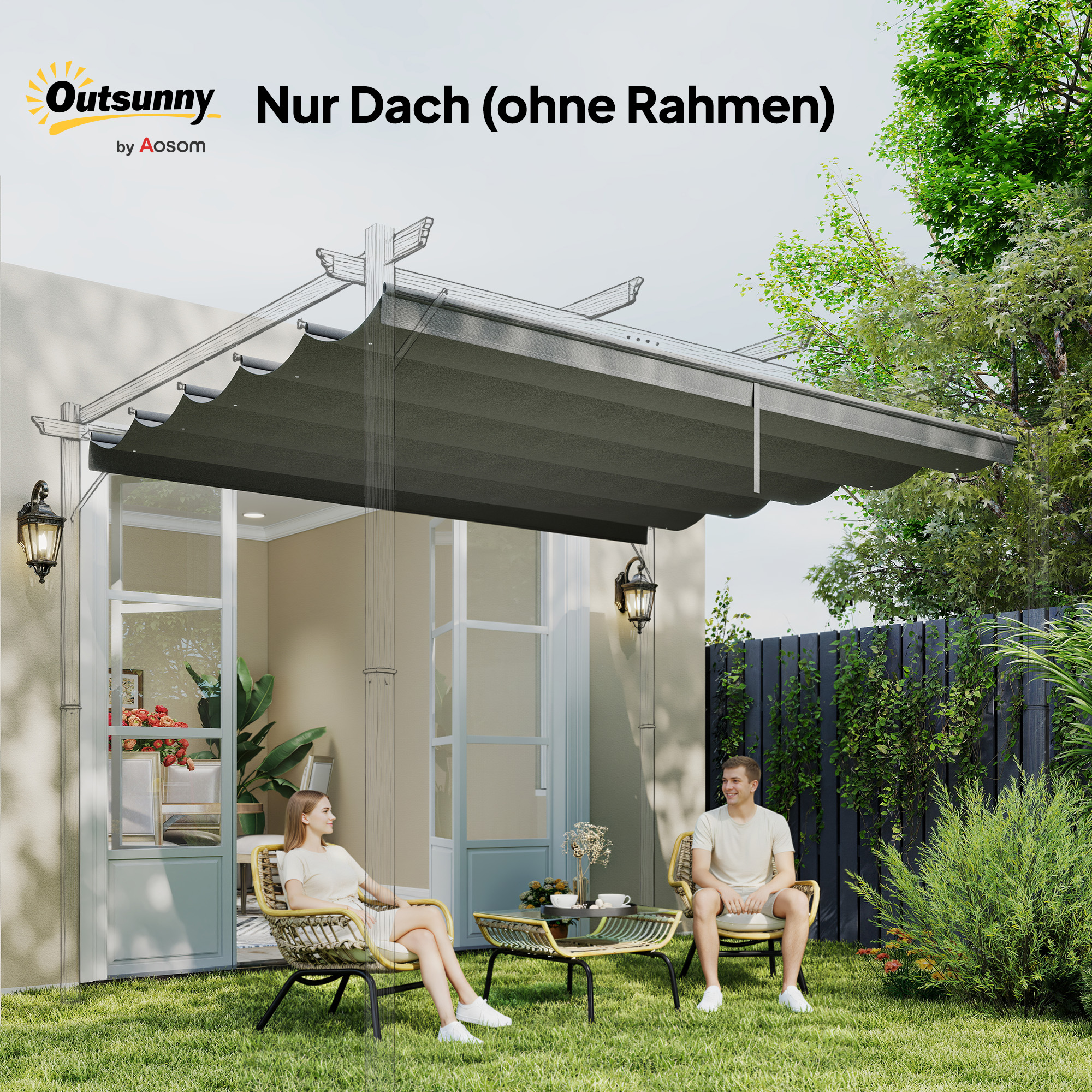 Ersatzdach für 4 x 3 m Pergola, einziehbar, mit Regenabflusslöchern, wetterfest, Polyester, Hellgrau