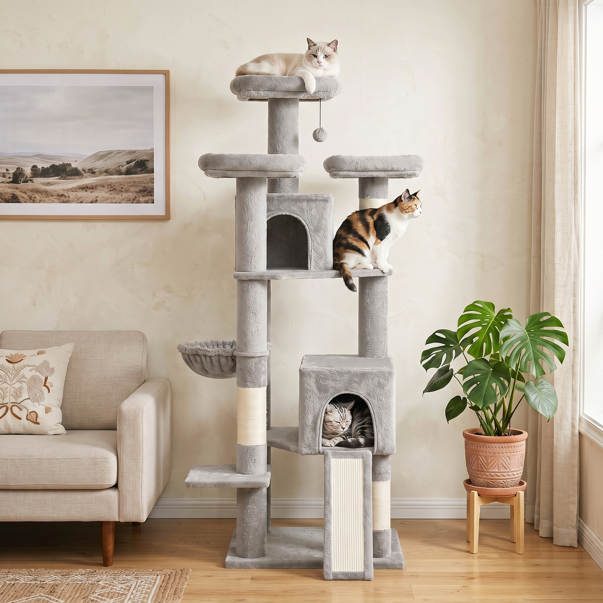 Kratzbaum Groß 184 cm hoch Katzenbaum mit 3 Kratzstämmen Liegeflächen Spielball Hängematte Leiter, Katzen unter 6 kg