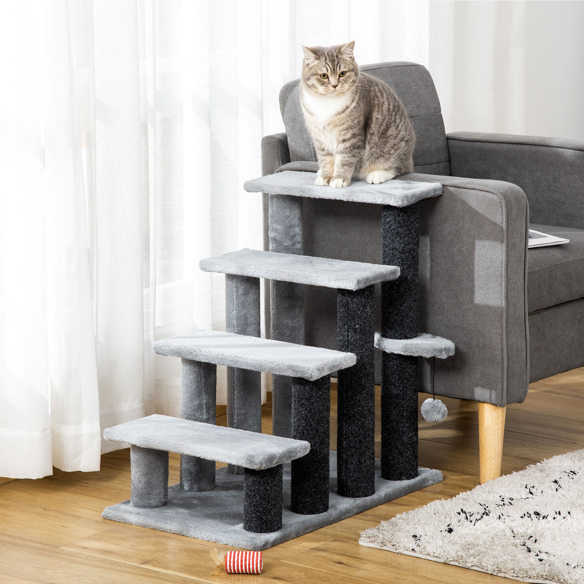 Katzentreppe 4-stufige Haustiertreppe mit Kratzsäulen Ball Hundetreppe Tiertreppe für Katzen bis 5 kg Plüsch Jute Grau 60 x 40 x 64 cm