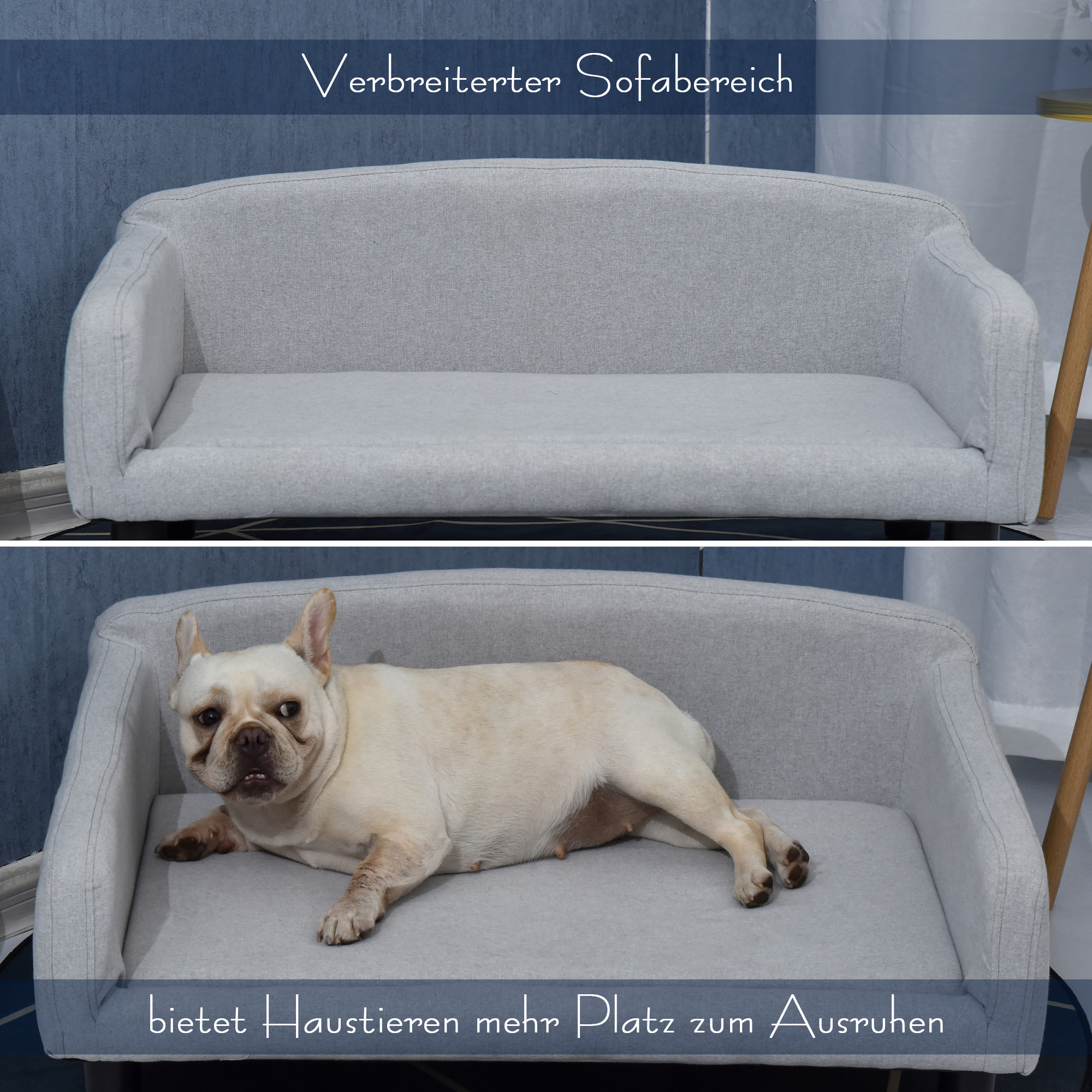 Hundesofa Hundebett Hundecouch aus Samt mit Rückenlehne, Holzbeine, Katzensofa für mittle Hunde 82 x 54 x 36 cm Hellgrau