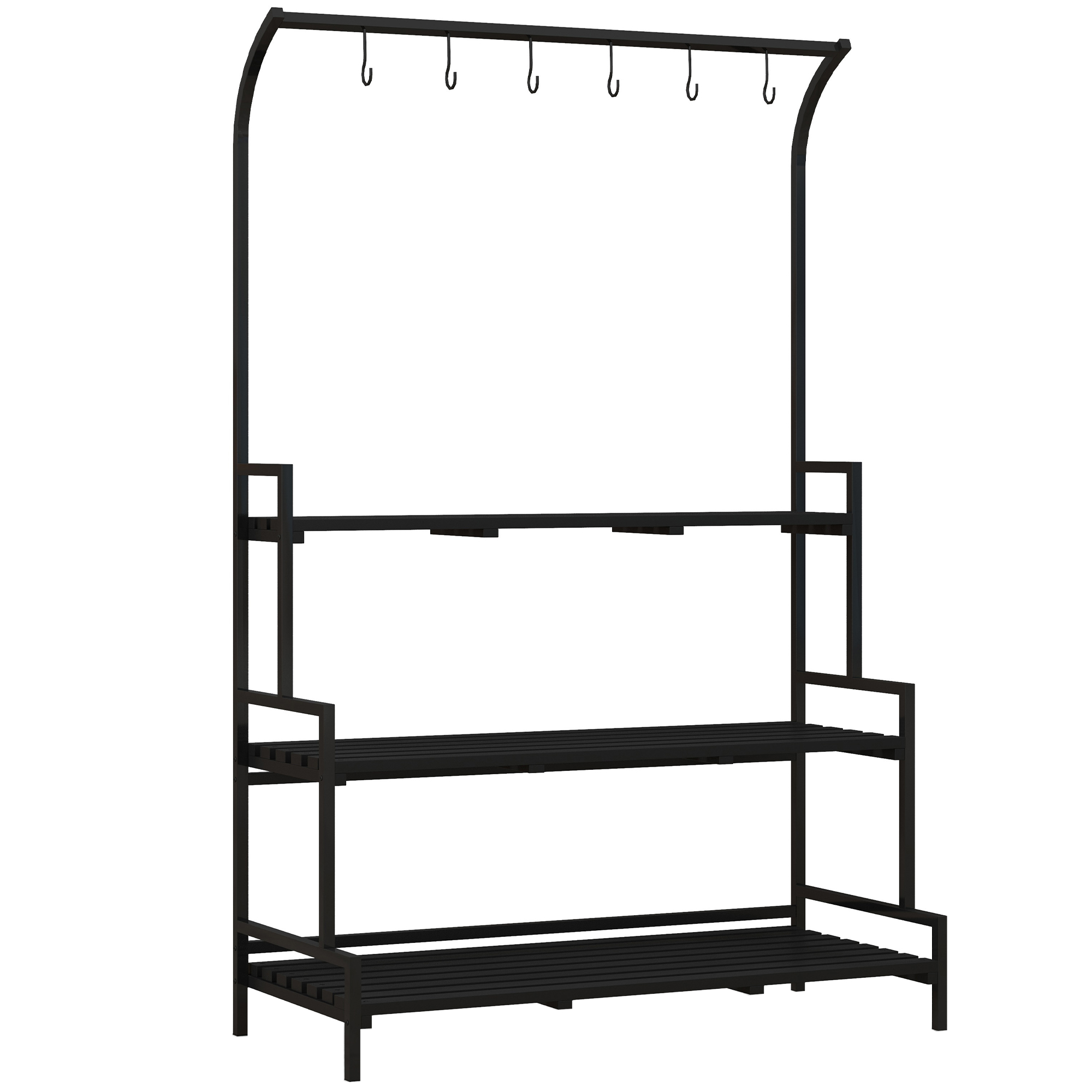 Blumenständer, 3 Etagen, 6 Haken, Indoor & Outdoor, Metallrahmen, 170H x 110L x 50B cm, Schwarz