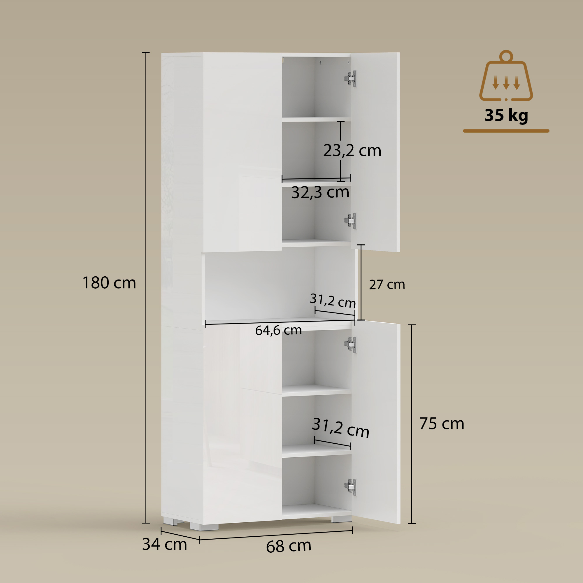 180 cm Hoher Küchenschrank, Vorratsschrank mit Soft-Close-Türen und Verstellbaren Regalen, Hochglanz Weiß