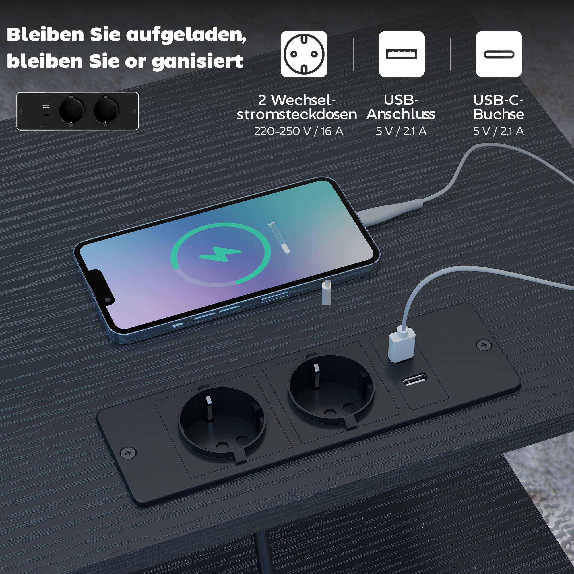 Couchtisch Beistelltisch mit Ladestation, Stahlrahmen, USB-C-Anschlüssen, Schubladen, Haken, 40cm x 30cm x 60cm Schwarz