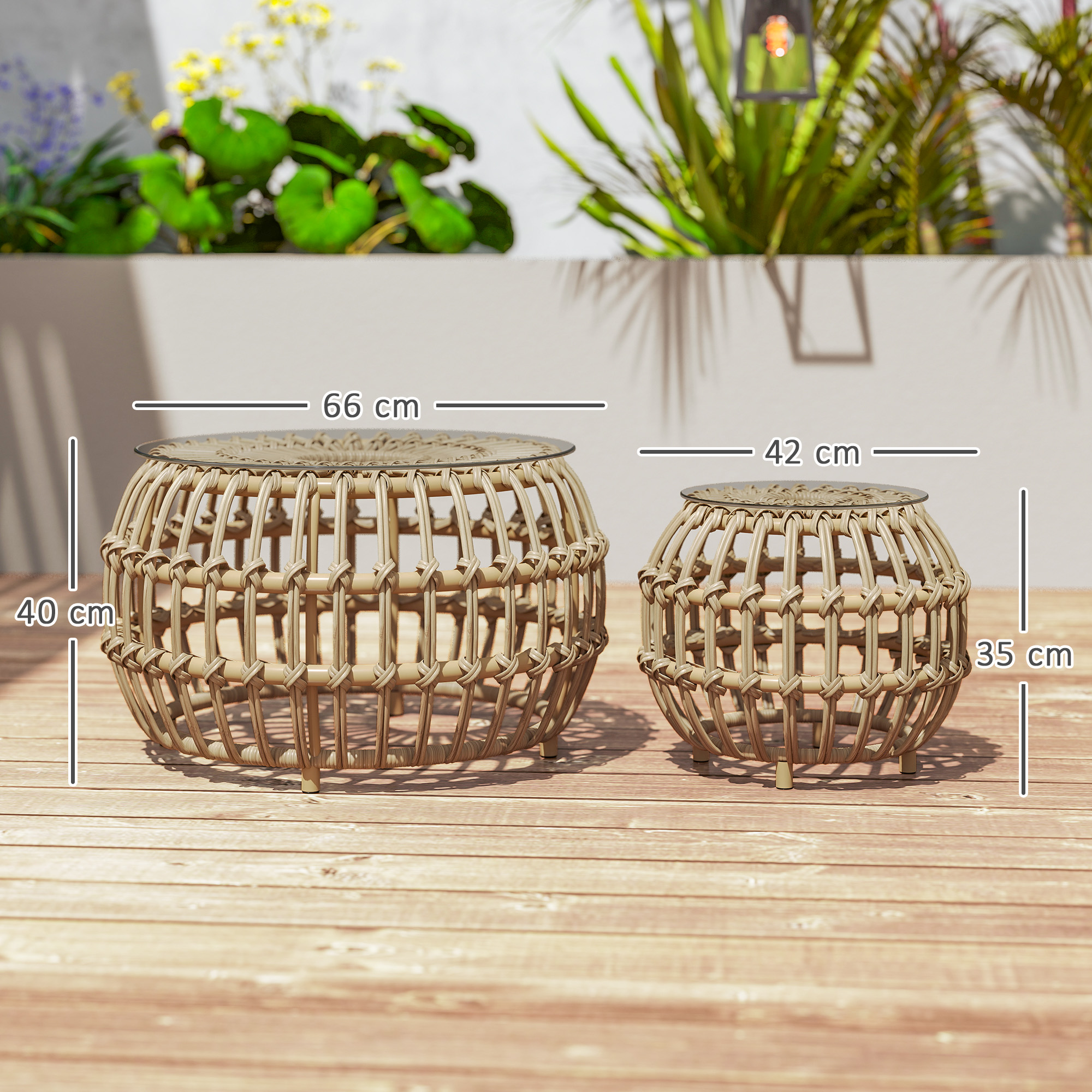 2er Set Beistelltisch Polyrattan Ø66/42 cm rund wetterfest Gartentisch mit Glasplatte Braun