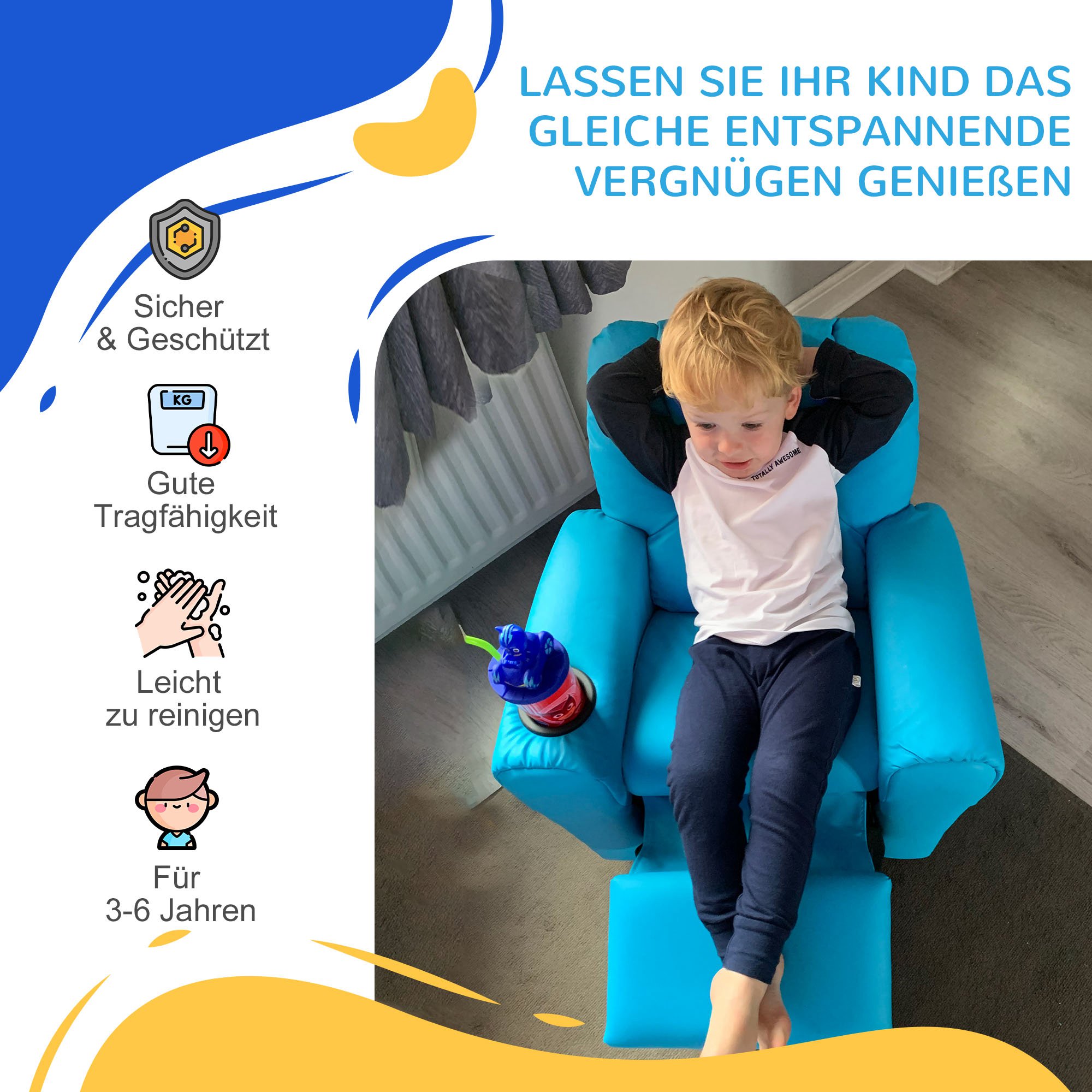 Kindersessel mit neigbarer Rücklehne 62 x 52 x 69cm Massivholzrahmen Blau
