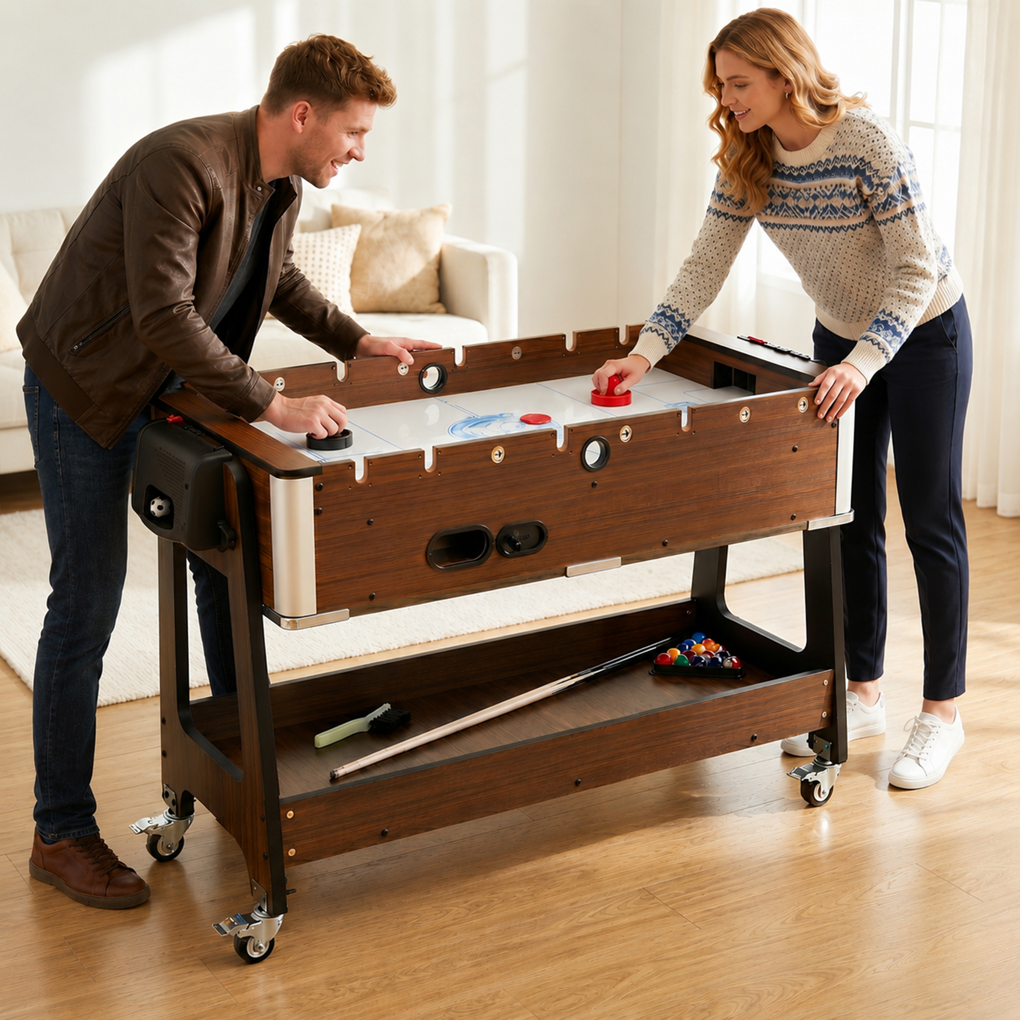 3-in-1 Multi Spieltisch drehbar Multifunktionstisch mit Billardtisch Tischfußball Airhockey Ablagefach