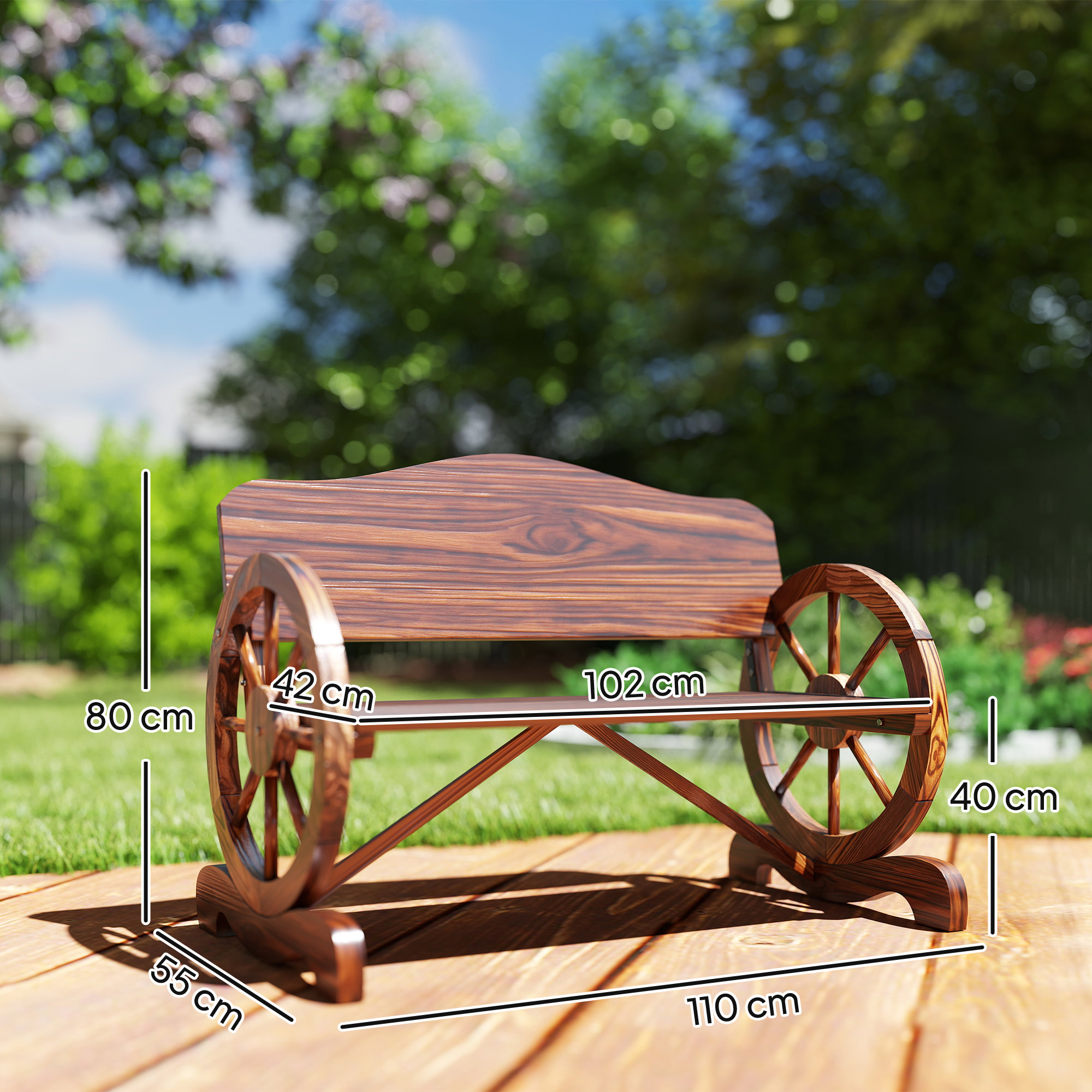 2-Sitzer Gartenbank mit Rad-Armlehnen, Rustikale Outdoor-Bank für Terrasse, Veranda, Fichtenholz, Braun