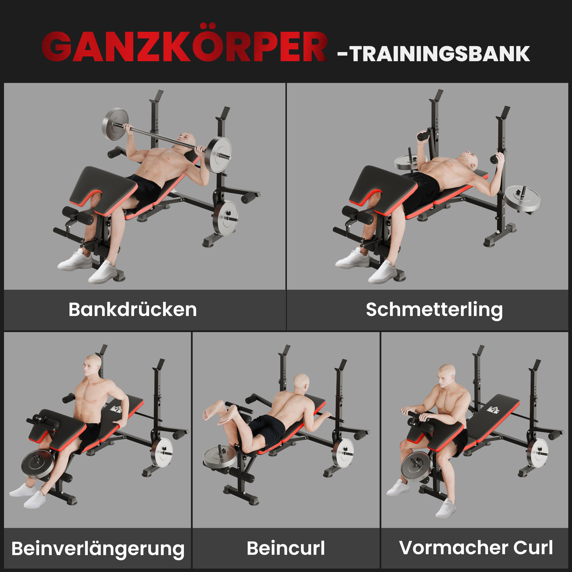 Hantelbank ohne Gewichte, verstellbare Fitnessbank für zahlreiche Übungen,  Workout-Station, Stahl, Kunststoff, Schwarz+Rot