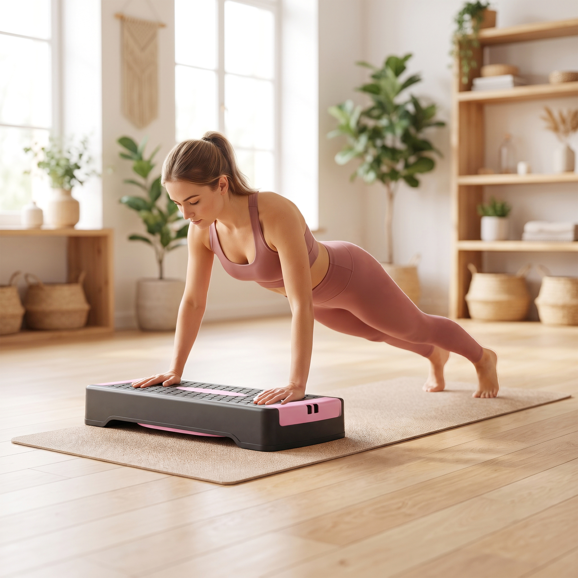 Steppbrett höhenverstellbar Fitness Aerobic Stepper mit 2 Stufen (11/16 cm) 2 Widerstandsbändern, Anti-Rutsch-Matte Rosa