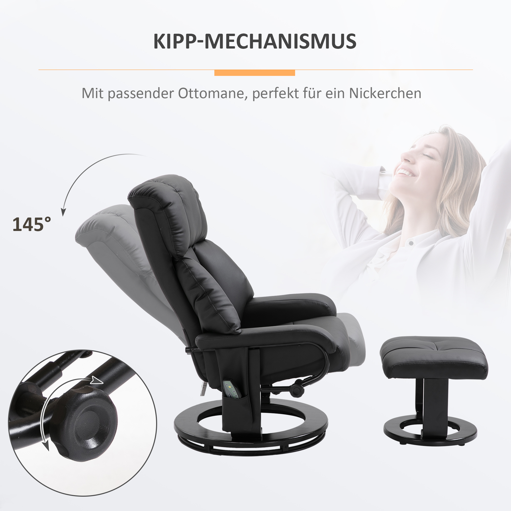 Relaxsessel mit Fußhocker, Massagesessel mit Liegefunktion, elektrischer Liegesessel mit Fernbedienung, Fernsehsessel mit Seitentasche, Kunstleder, schwarz
