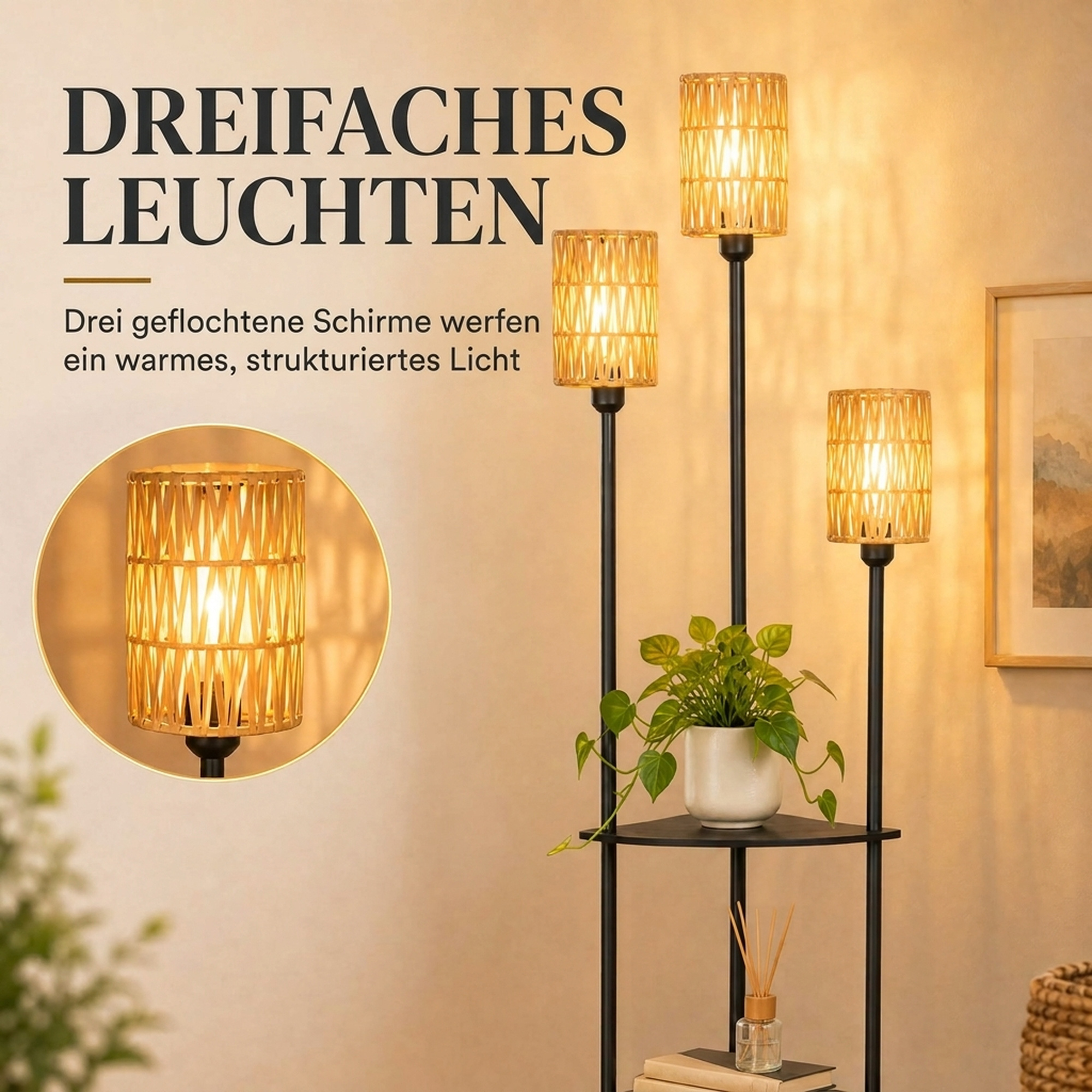 Stehlampe Boho 3-flammig Stehleuchte 3 Ablagen Papierseil-Lampenschirm Schwarz