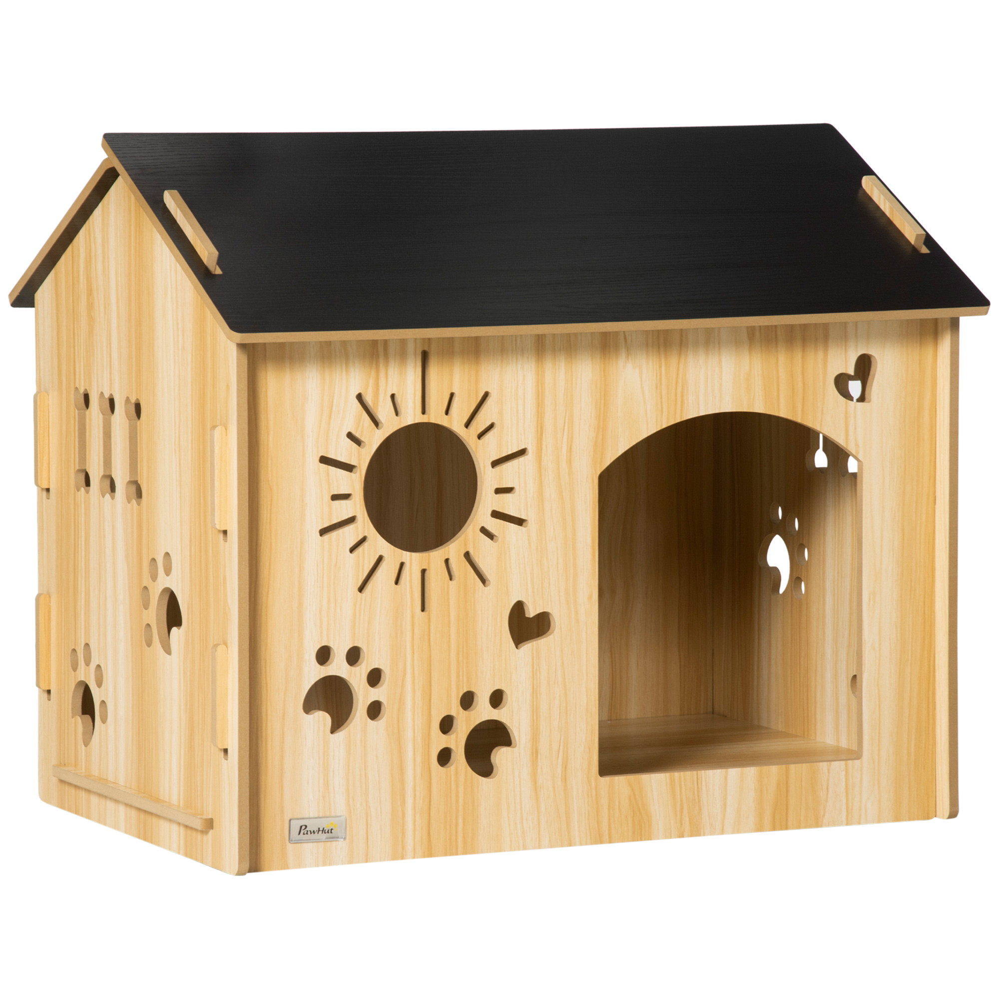 Hundehütte, mit Lüftungsöffnungen, wetterfest, Holzmaterial, Schwarz+Holzfarbe, 69 x 50 x 58,5 cm