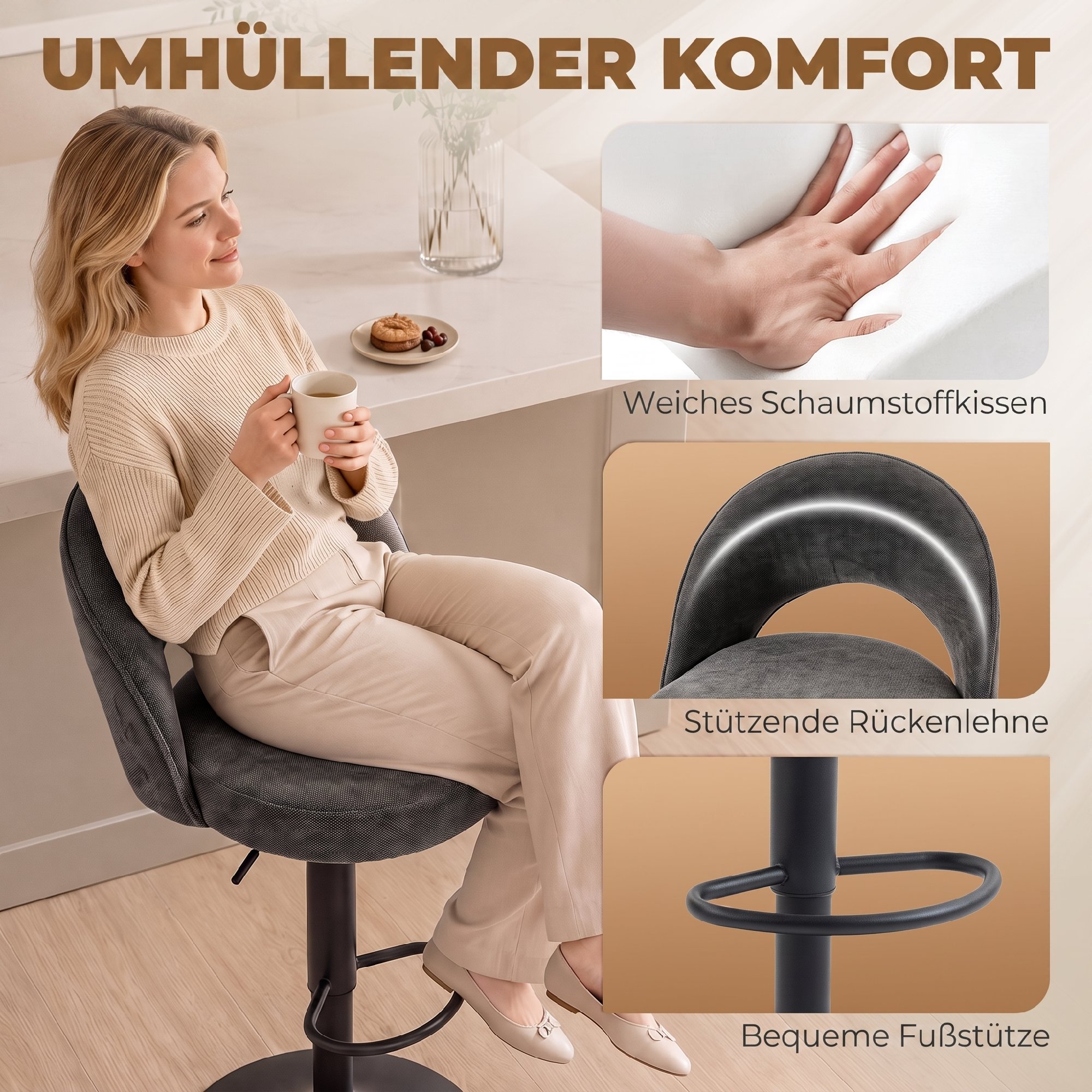 Barhocker 2er-Set, höhenverstellbar und drehbar, für Theke, Dunkelgrau
