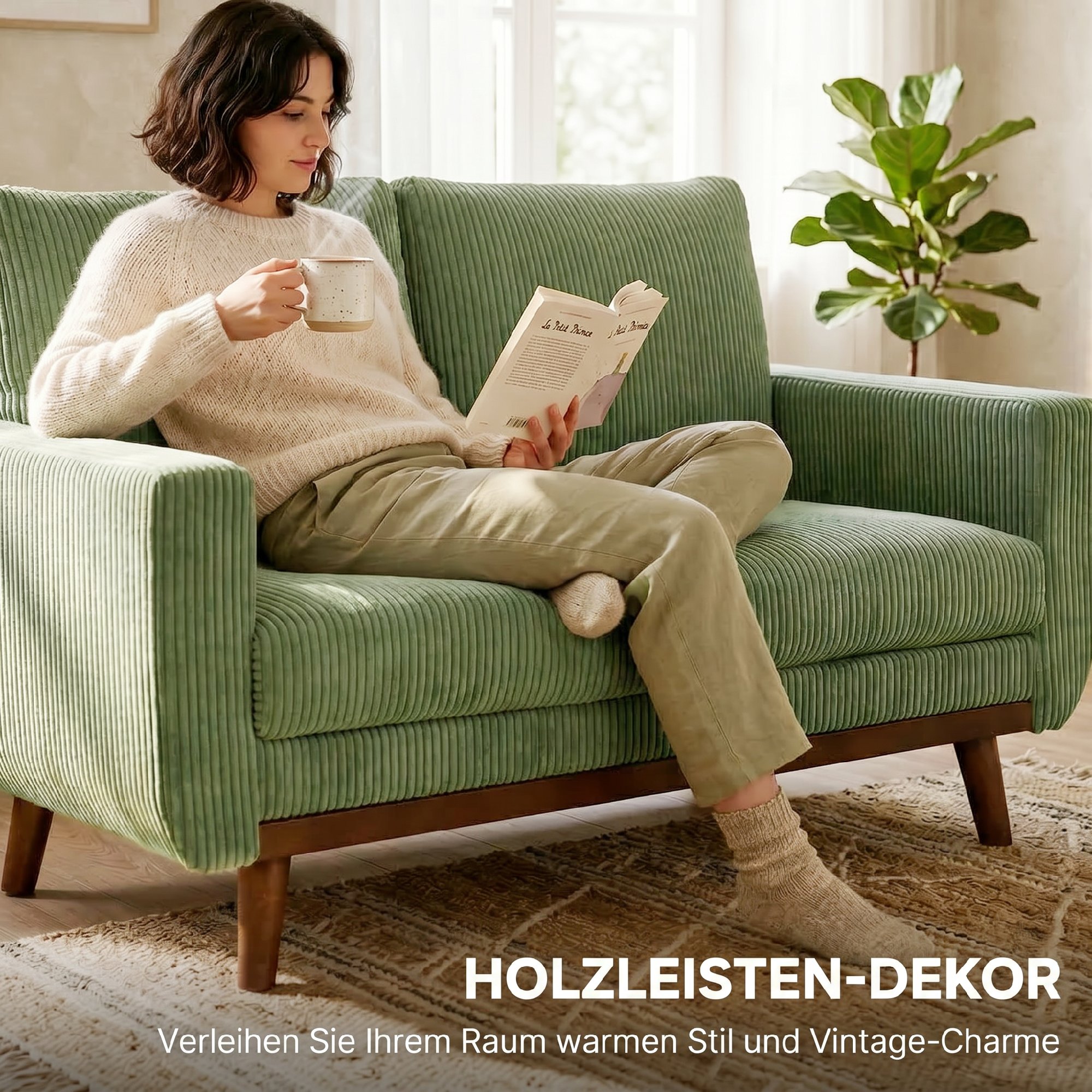 2-Sitzer-Sofa, 134 cm Cord-Sofa mit Taschenfedern, dicker Rückenlehne, Holzlatten-Akzent, Grün