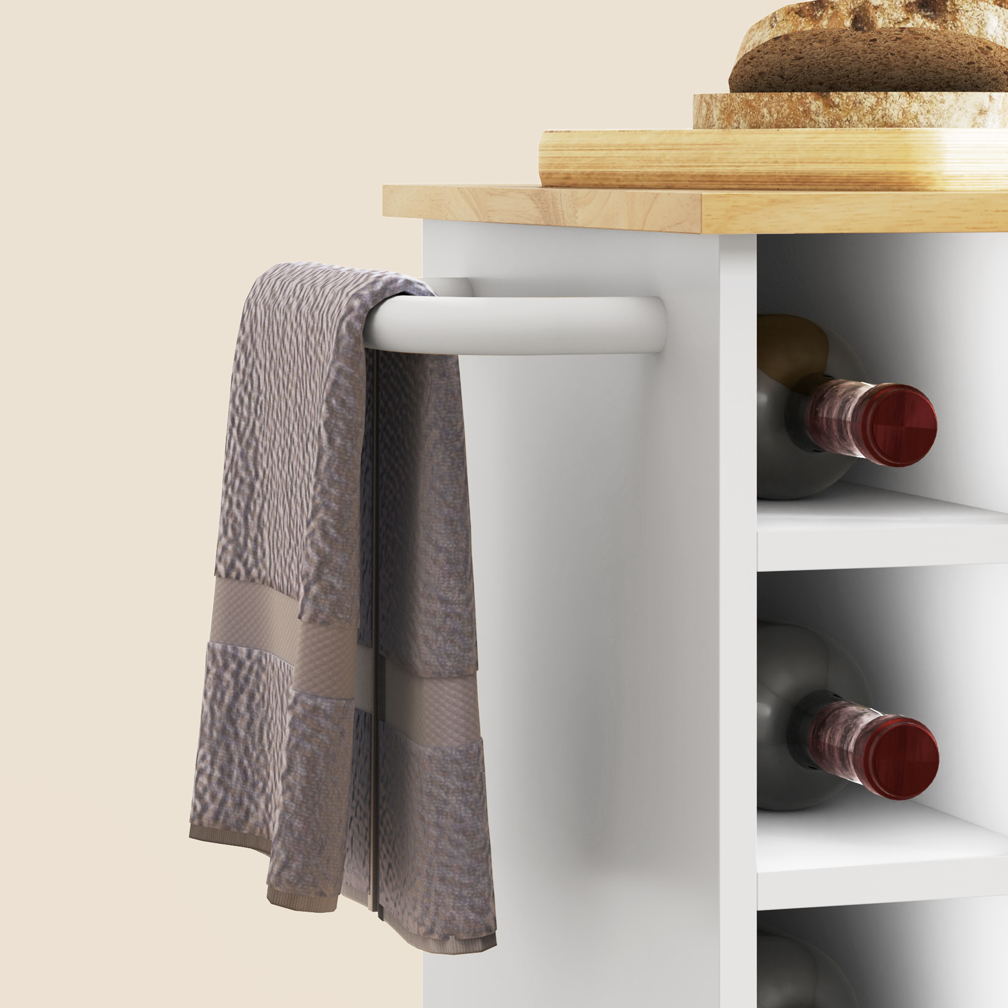 Küchenwagen, Rollbare Kücheninsel, Küchen-Trolley mit Fächern, Weinregalen, Schrank und Arbeitsfläche, Weiß