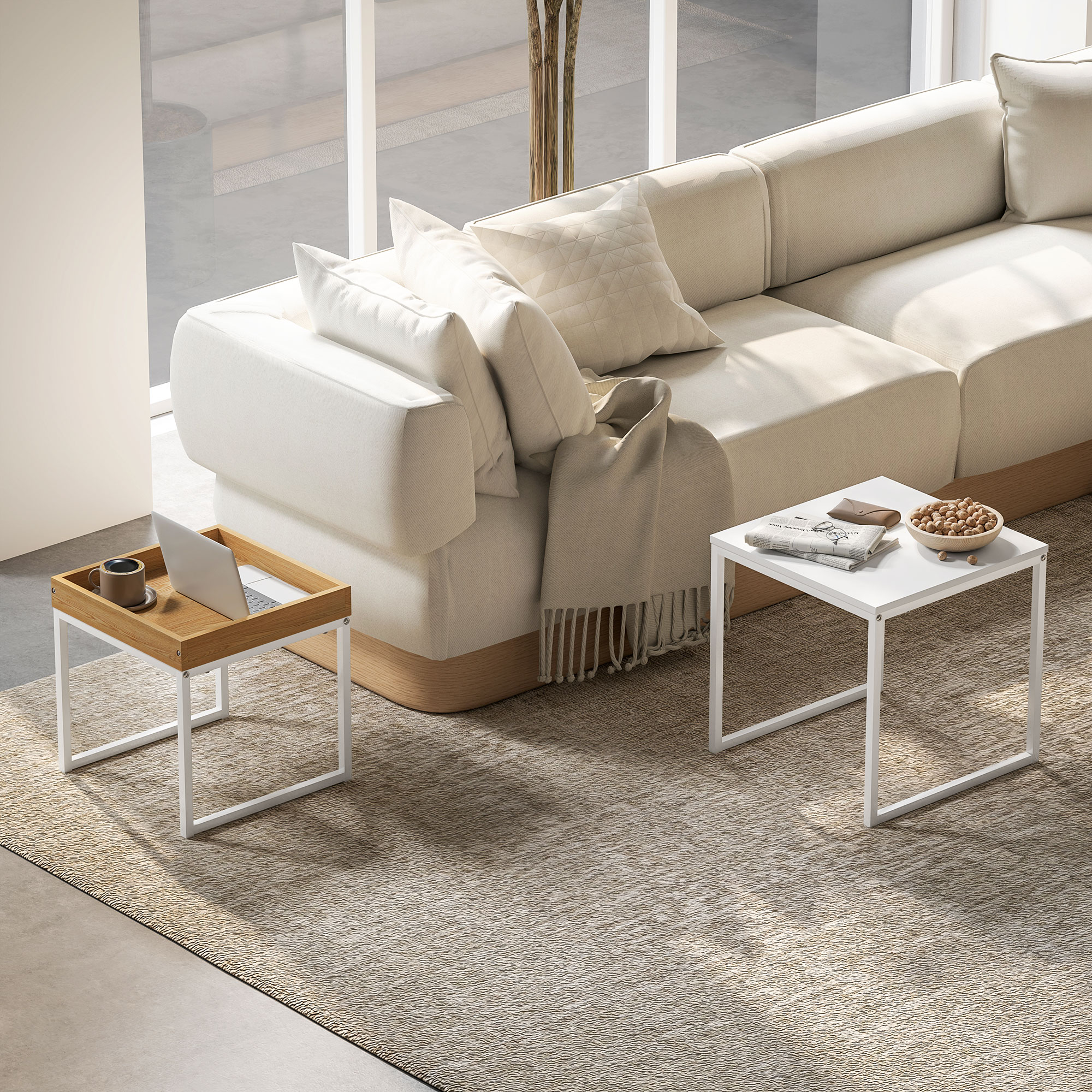 Moderner Couchtisch, 2er-Set Sofatisch, für kleine Räume, Quadratisch, MDF, Metall, Weiß