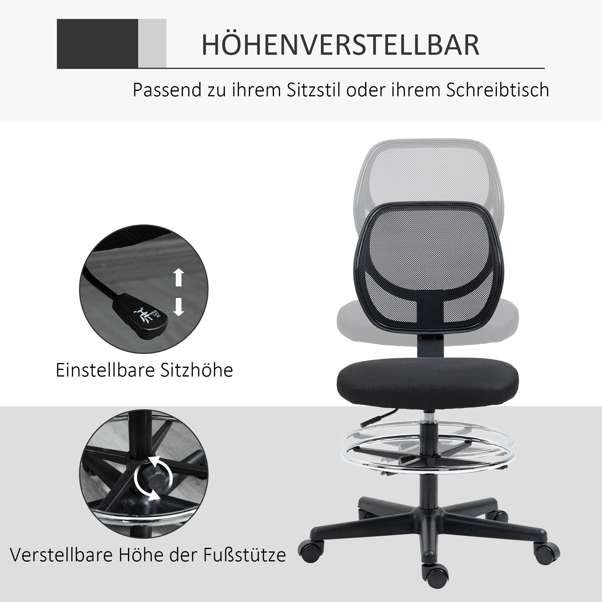 Zeichenstuhl inkl. Fußstütze, höhenverstellbarer Bürostuhl, 59 cm x 61 cm x 113 cm, Schwarz