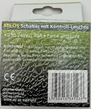 MILOS Kontroll-Schalter mit Lämpchen, 250V~/ 10A, inkl. Rahmen, UP, Anthrazit