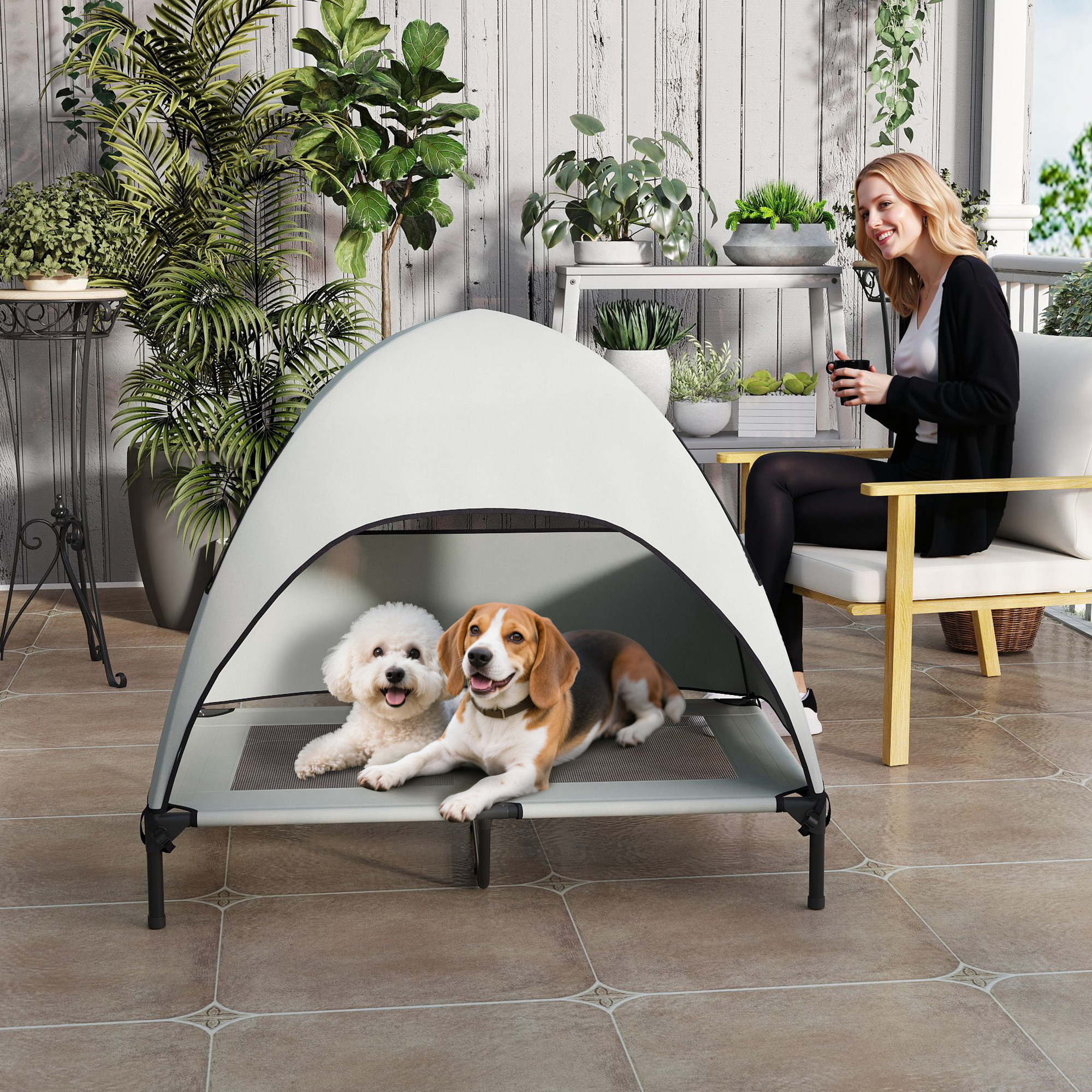 Hundeliege Outdoor mit Dach, erhöhtes Hundebett für Große Hunde, 106 x 76 x 99 cm, Hellgrau