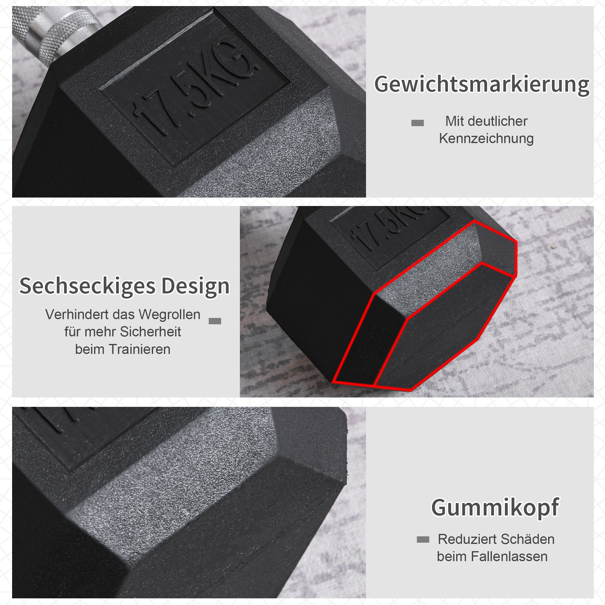 Kurzhantel, 17,5 kg Hantel, Hantel, Gewicht, Anti-Rutsch-Griff, Schwarz + Silber