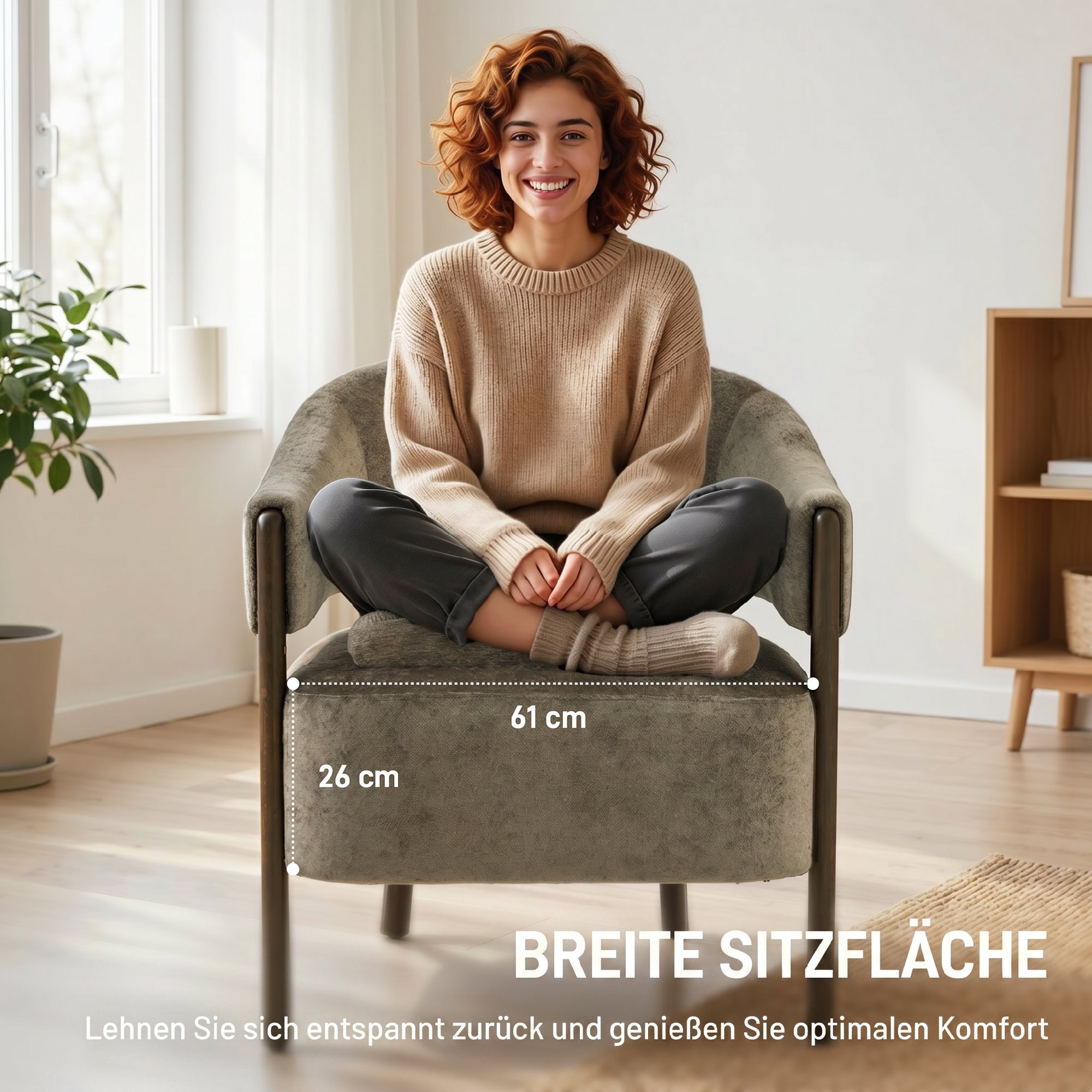Akzentstuhl, Chenille-Polstersessel mit Massivholzrahmen und Beinen, Hellbraun