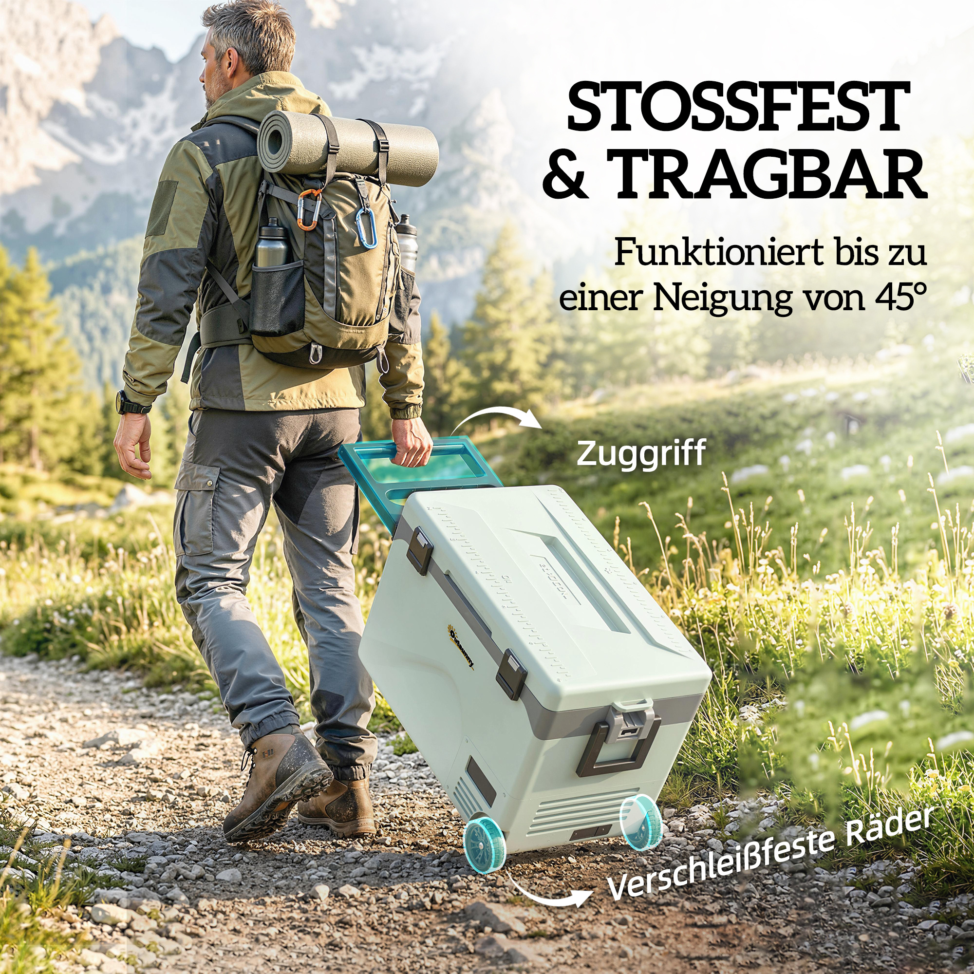 42,5 Liter Kompressor Kühlbox leise elektrisch Mini Kühlschrank bis -20℃ Kühlbox mit Bluetooth Rolle Griff Handyhalter