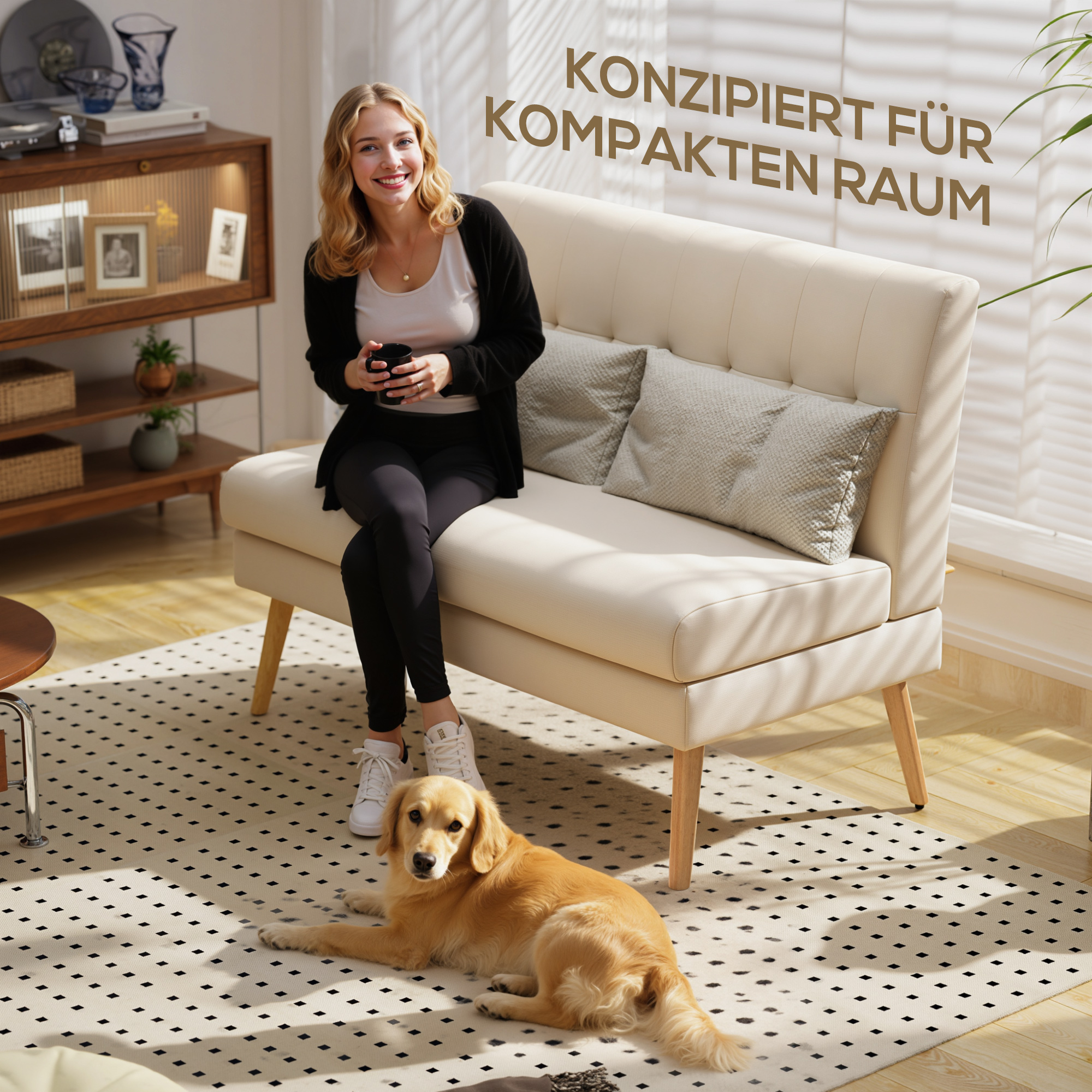 2-Sitzer-Sofa, getuftete Rückenlehne, Holzbeine, dicke Polsterung, Leinenoptik, für kleine Räume, Beige