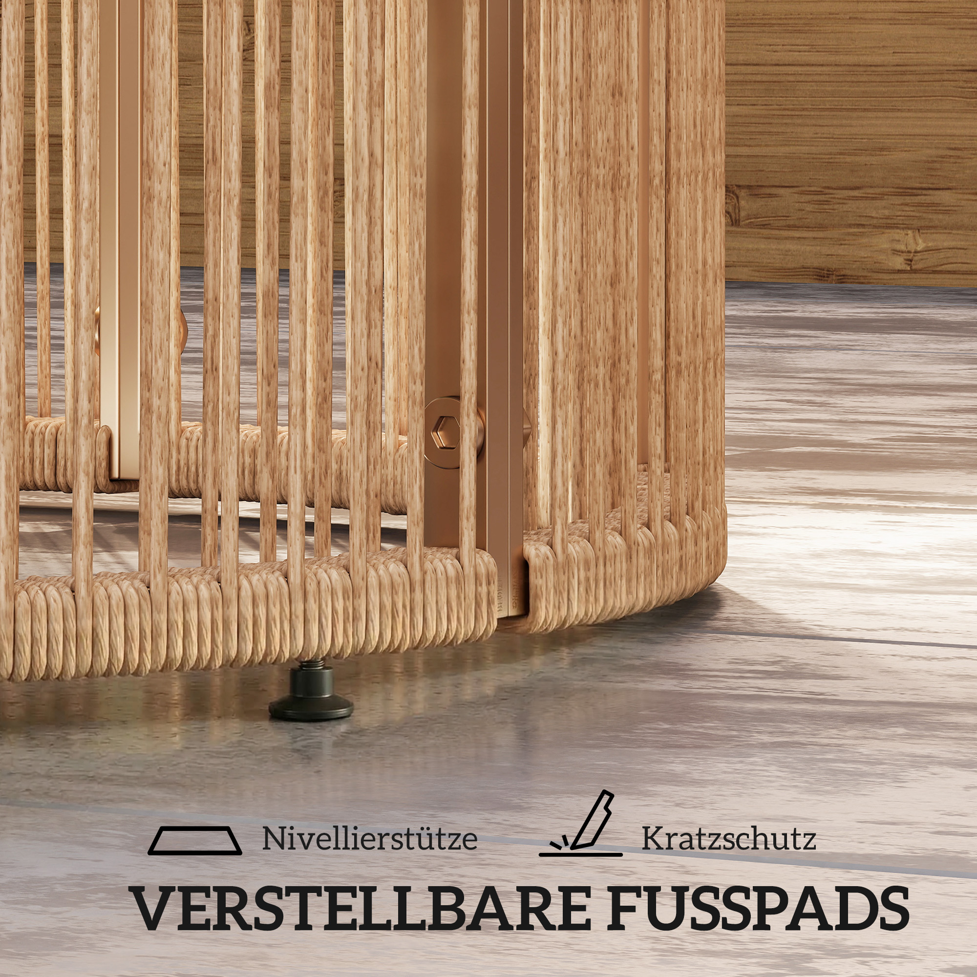 Beistelltisch aus Polyrattan Kaffeetisch mit gehärteter Glasplatte Gartentisch mit Stahlrahmen 70 x 70 x 33 cm Braun