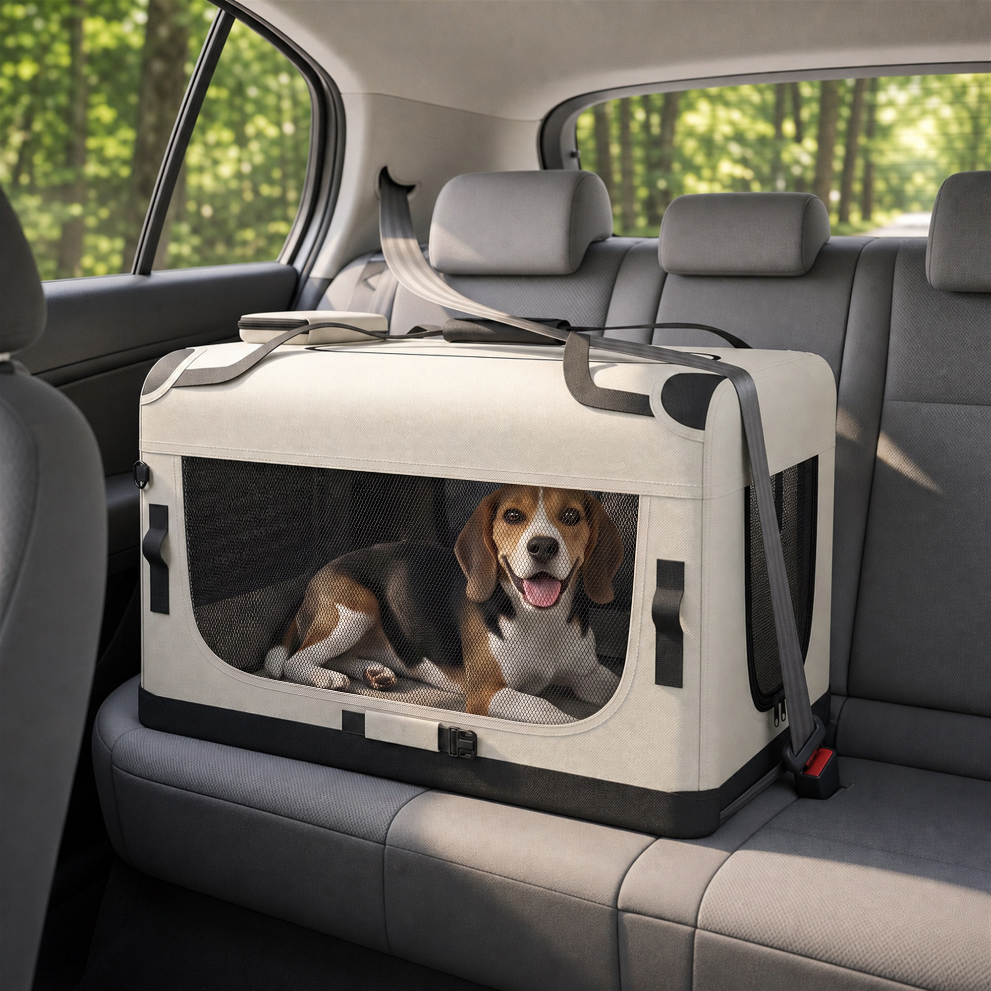 Transporttasche für Haustiere, weichw. Hundetragetasche mit Sicherheitsleine, Kissen und Napf, Hellgrau