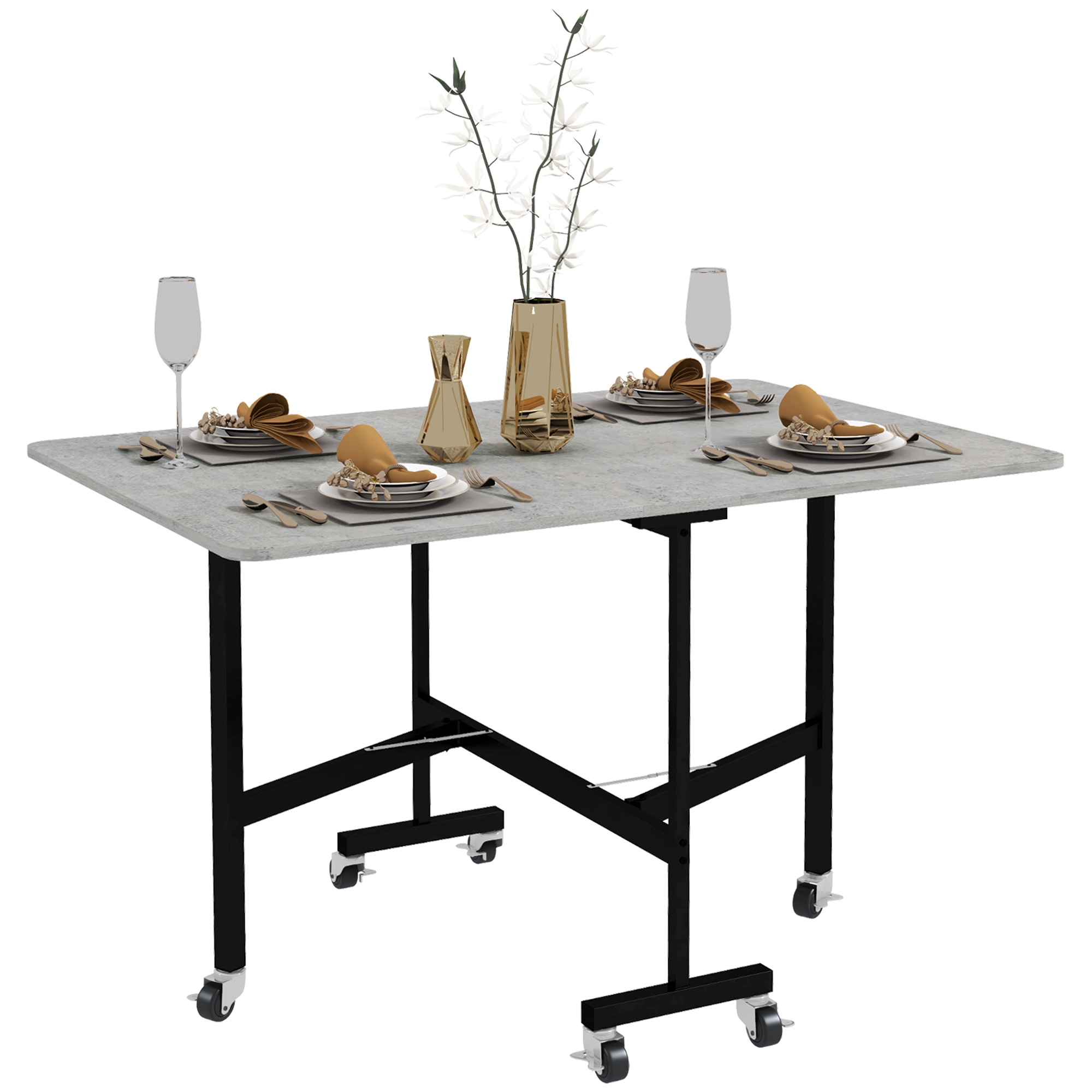 Esstisch für 4-6 Personen, Klapptisch mit Rollen, Stahlgestell, 52,5-120 x 80 x 73 cm, Grau Esstisch für 4-6 Personen, Klapptisch mit Rollen, Stahlgestell, 52,5-120 x 80 x 73 cm, Grau