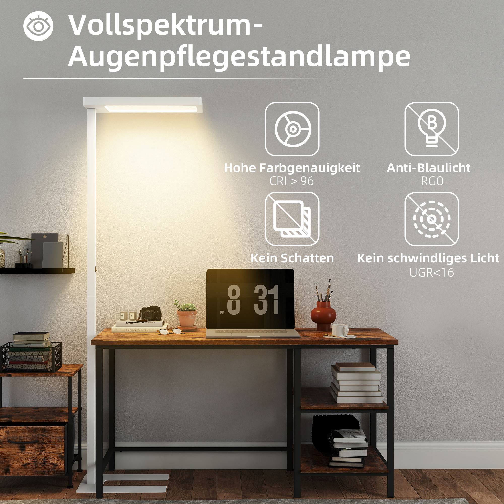 LED-Stehlampe, augenschonendes Licht, Bodenlampe mit Fernbedienung, anpassbare Helligkeit, Kunststoff, Metall, Weiß