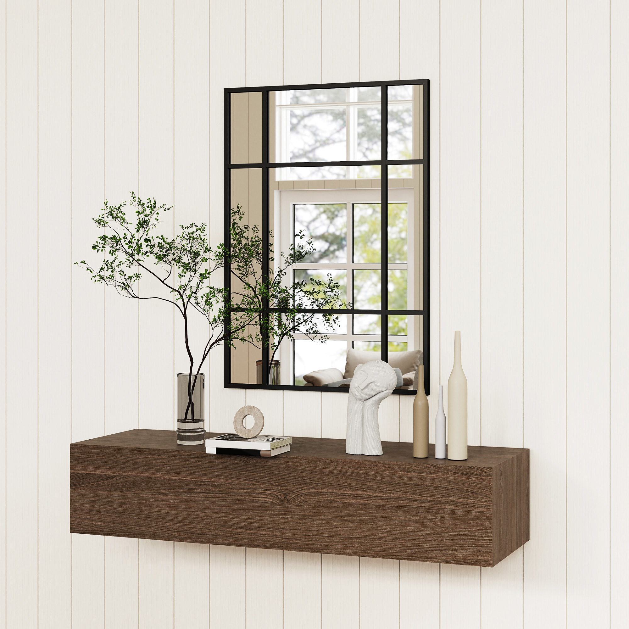 Wandspiegel, dekorativer Spiegel mit Metallrahmen, schwarze Streifen, Mehrschichtglas, 50B x 2T x 70H cm