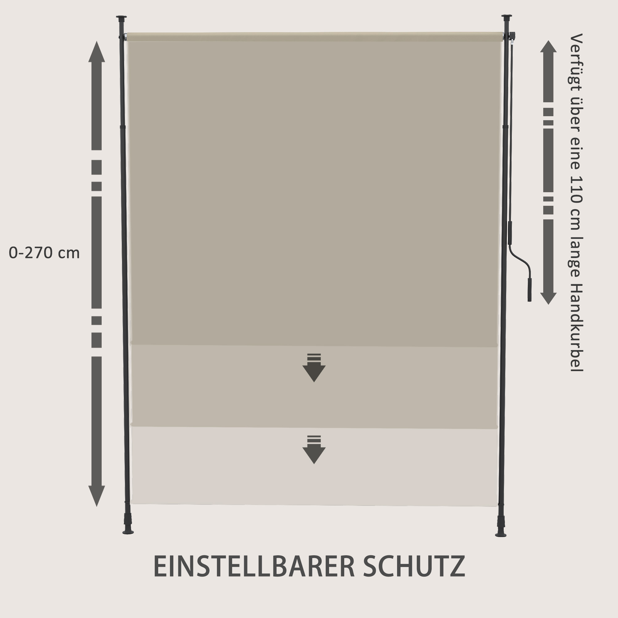 Seitenmarkise, Montage ohne Bohren, höhenverstellbar, mit Handkurbel, Metallrahmen, sandfarben, 2 x 2,15-3,05 m