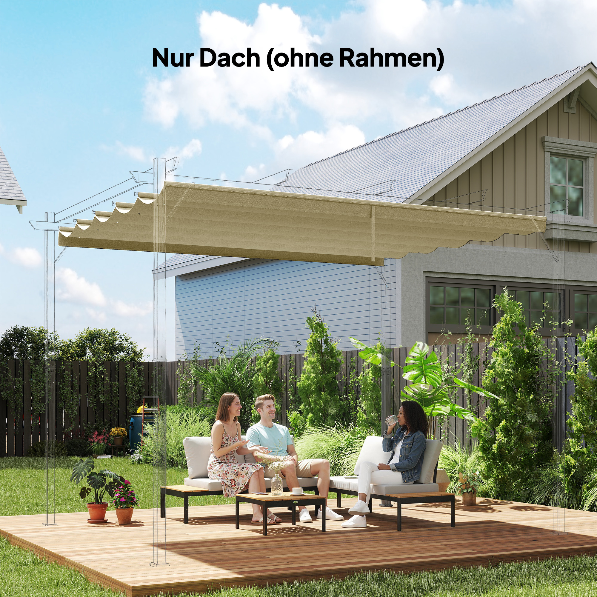 Ersatzdach für 4 x 3 m Pergola, einziehbar, mit Regenabflusslöchern, wetterfest, Polyester, Beige