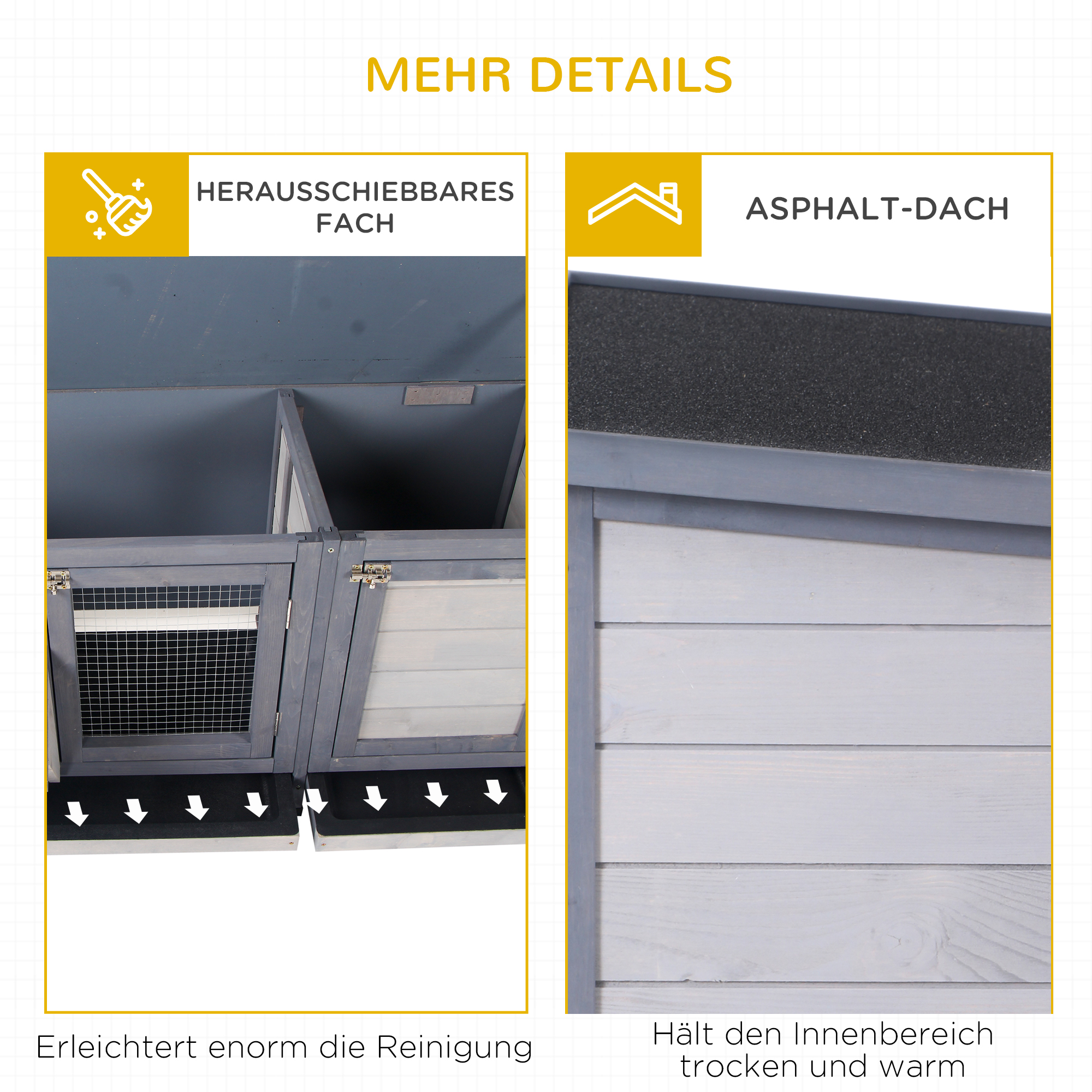 Hasenstall Winterfest Kaninchenstall aus Holz 112x50x54 cm Kaninchenkäfig mit Bitumendach, 2 Türen, Metallgitter, Hasenkäfig für Kaninchen, Meerschweinchen Outdoor Grau+Schwarz