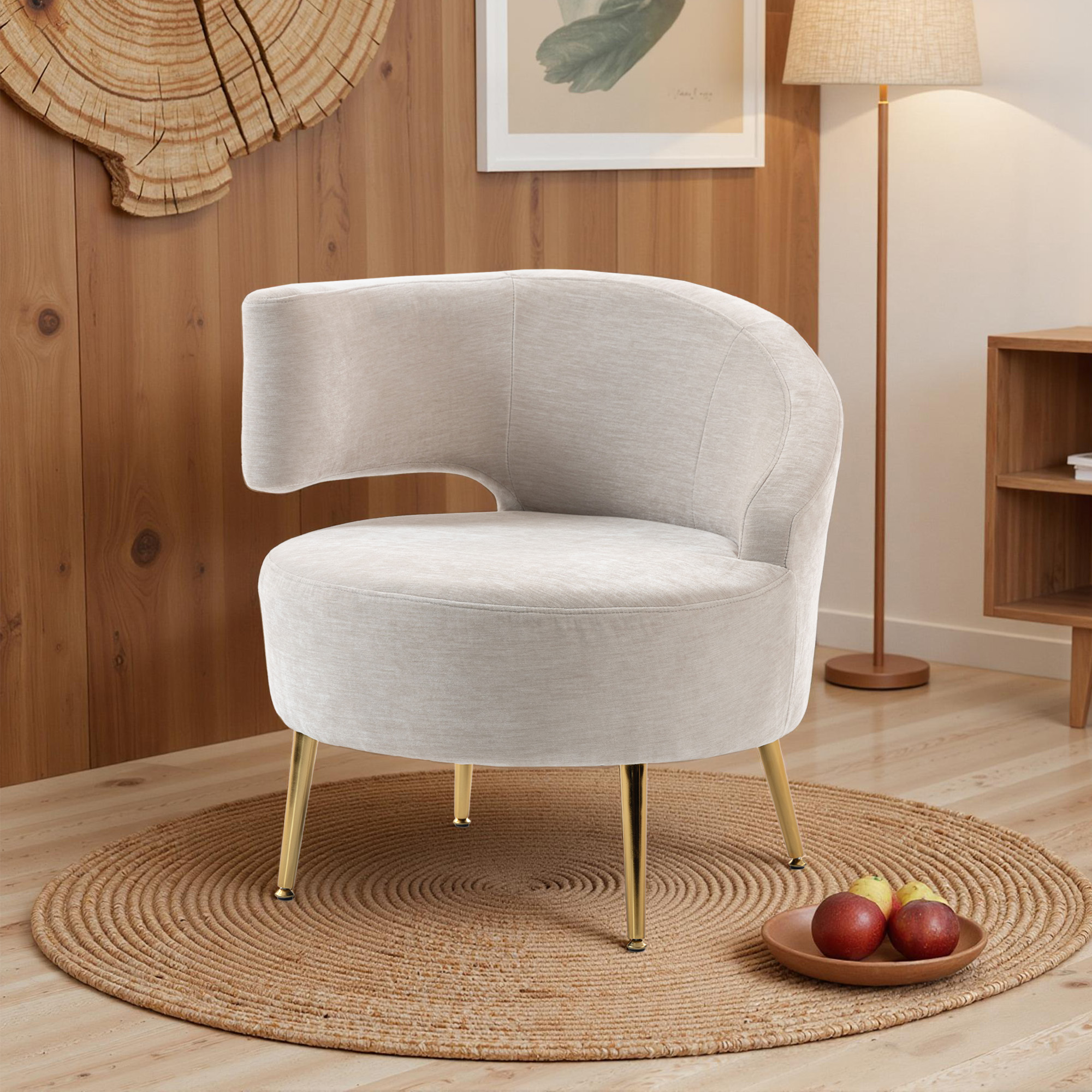 Loungesessel Sessel mit Chenille-Optik, Schrägere Rückenlehne, Goldenen Stahlbeinen für Wohnzimmer, Cremeweiß