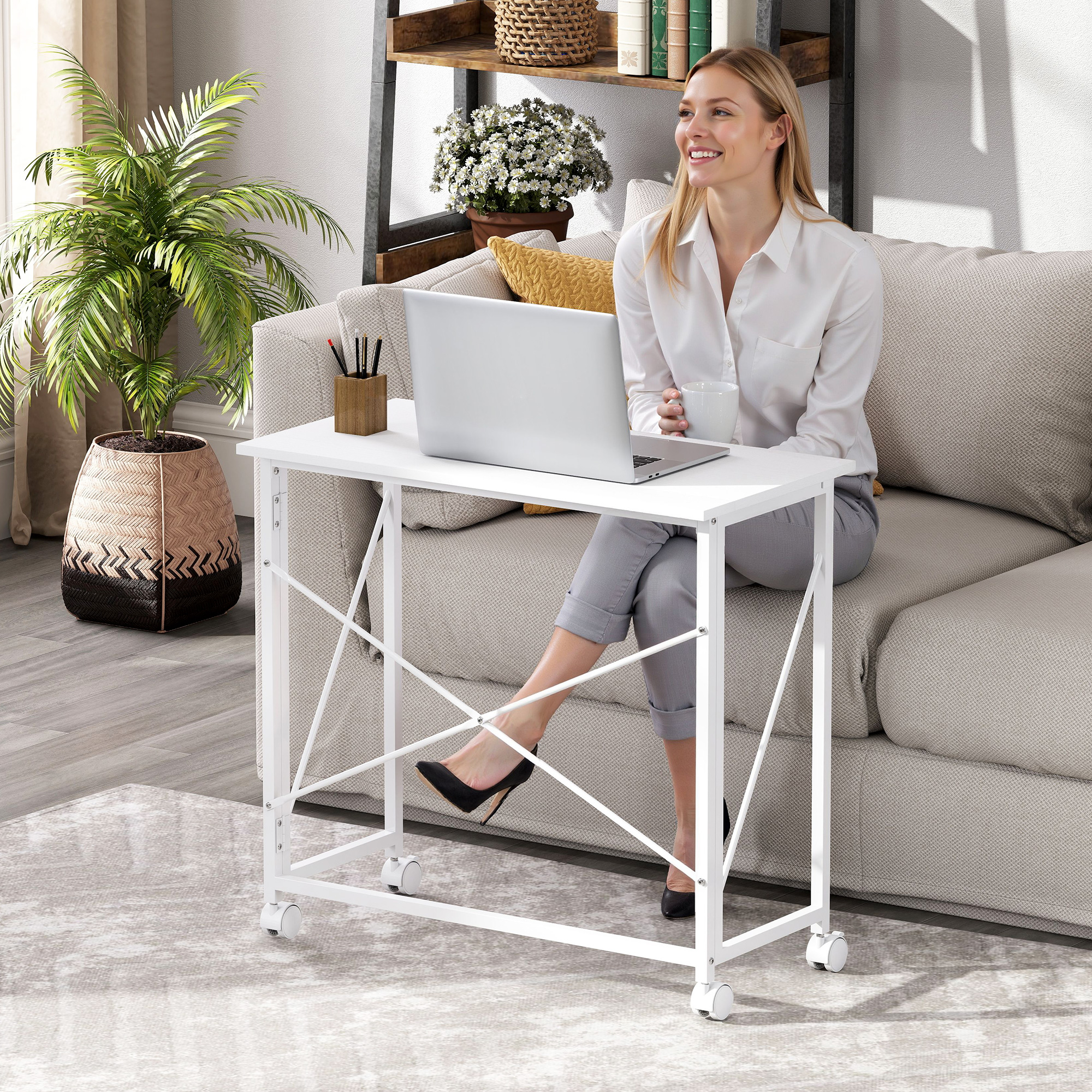 Schreibtisch mit Rollen, faltbarer Bürotisch mit Stahlgestell für Arbeitszimmer Schlafzimmer 80 x 40 x 75 cm Weiß
