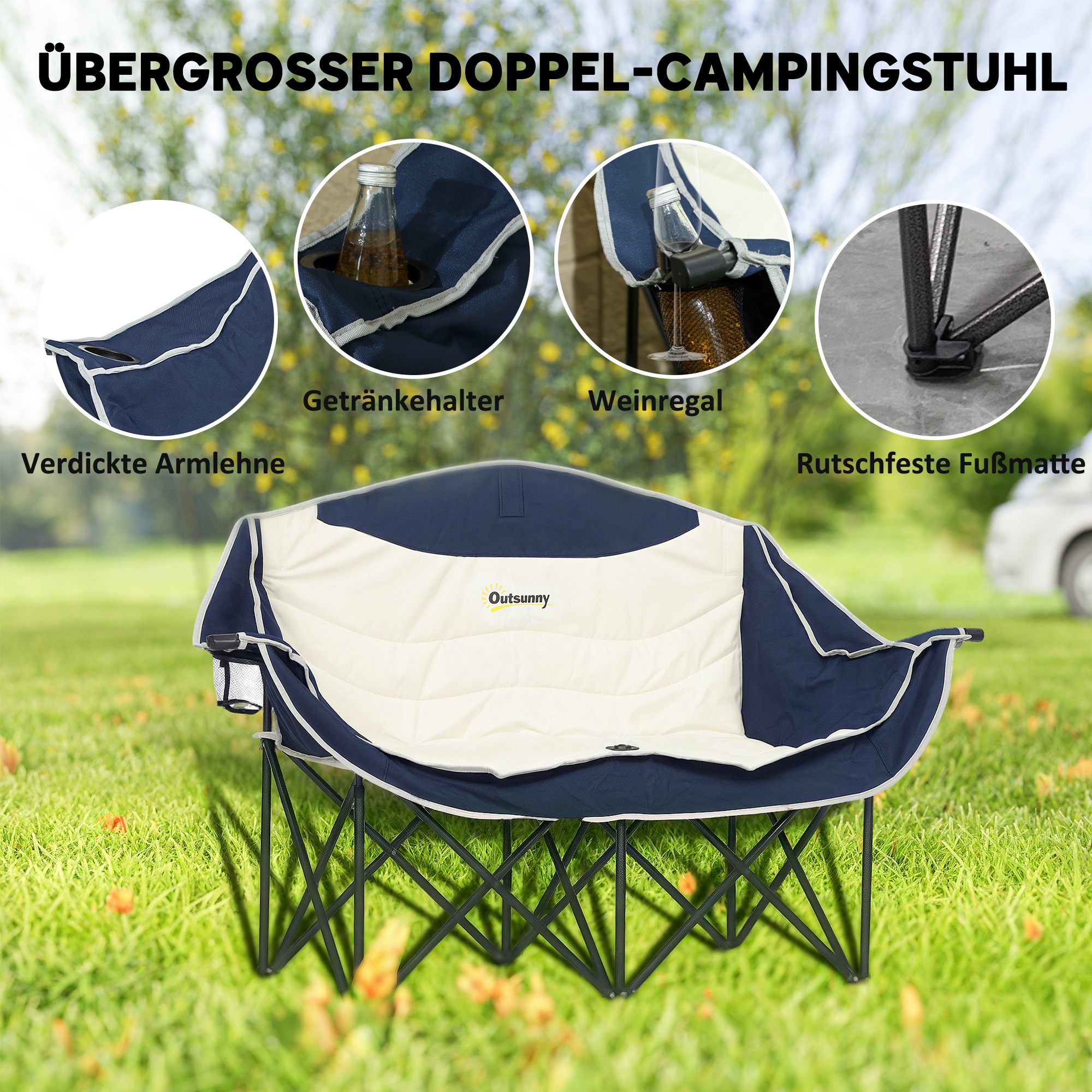 Faltstuhl faltbar 2 Sitzer Campingstuhl mit Getränkehalter Tragetasche bis 250kg belastbar Blau